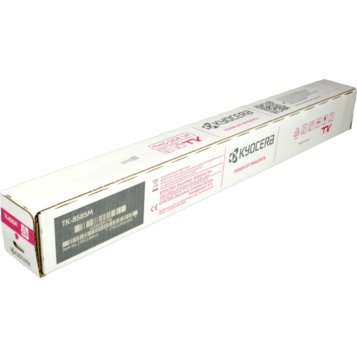 Una scatola bianca Kyocera Toner Kit Magenta, modello TK-8585M, su sfondo verde.