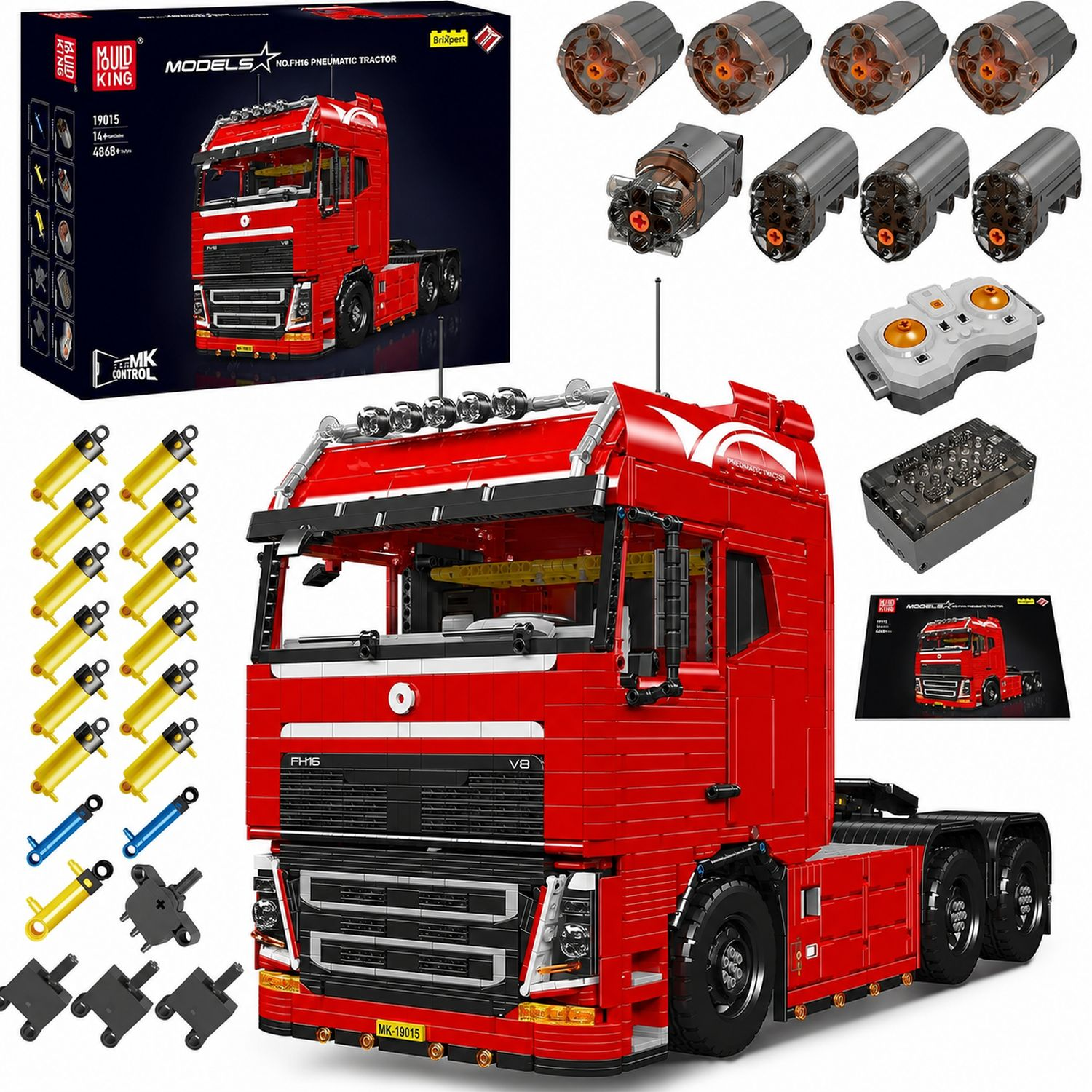 Un set de construction de camion jouet rouge avec pièces et instructions.