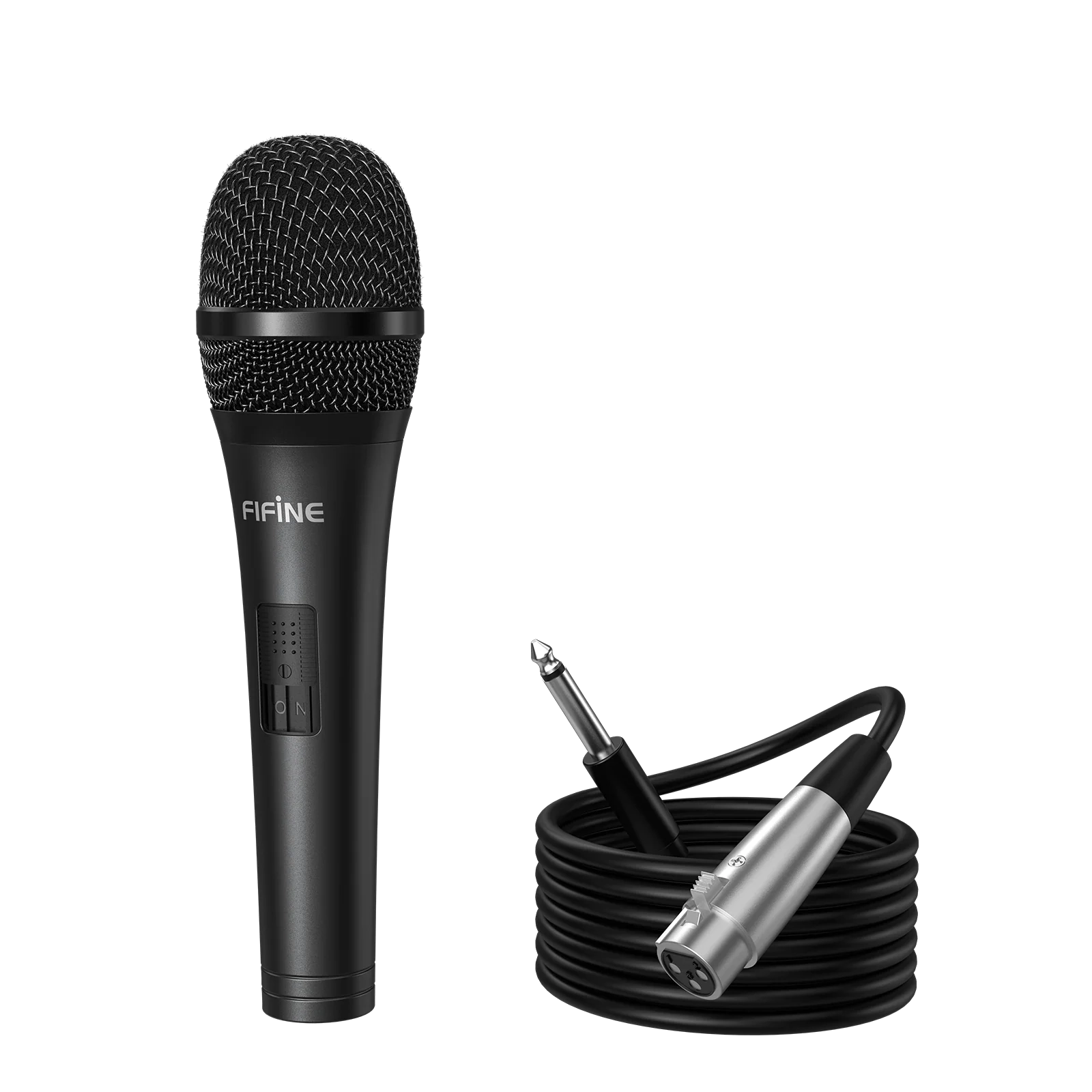 Kablolu siyah mikrofon, XLR ve jak konektörlü.