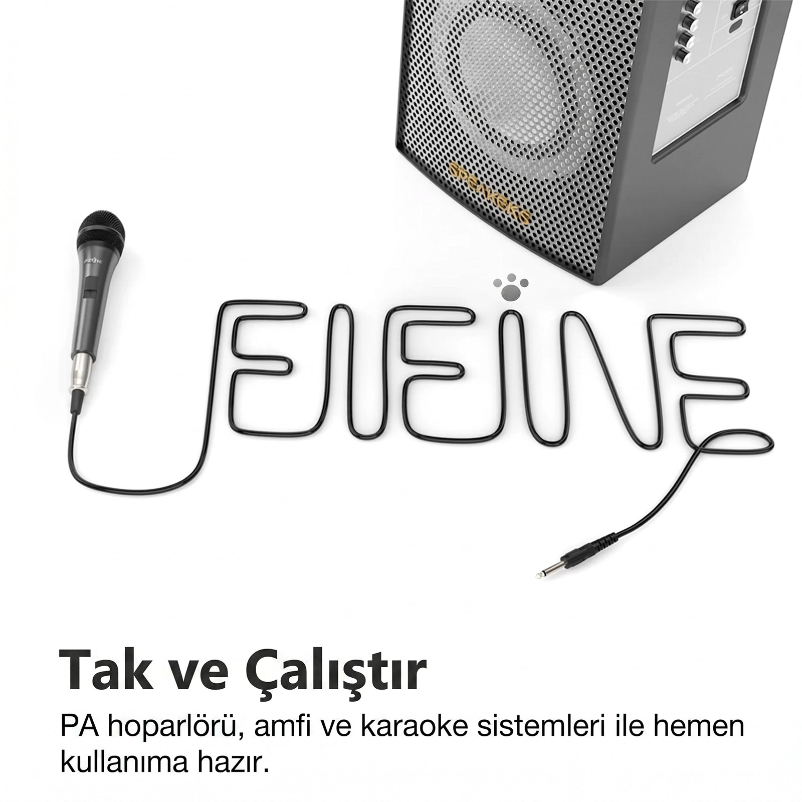 Mikrofon, hoparlör ve telden yapılmış 'LEINE' yazısı.