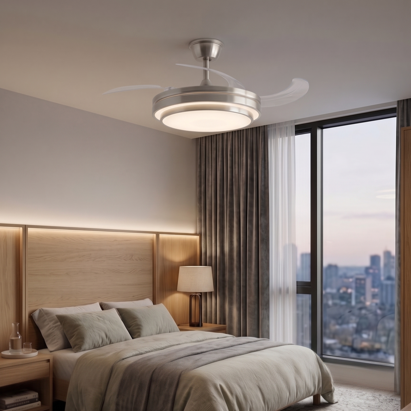 Dormitorio moderno con cama, mesita de noche, ventilador de techo con luz y vista a la ciudad.
