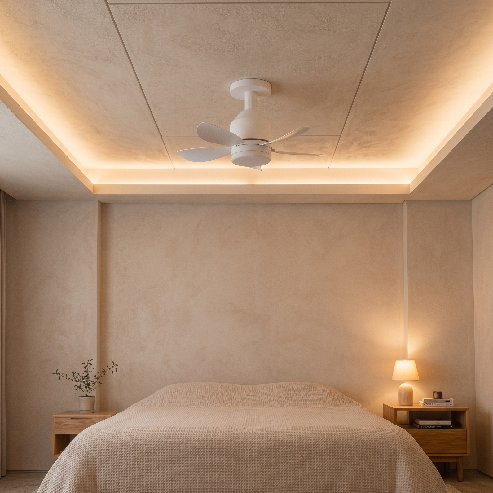 Un ventilador de techo blanco sobre una cama con manta y mesitas de noche.