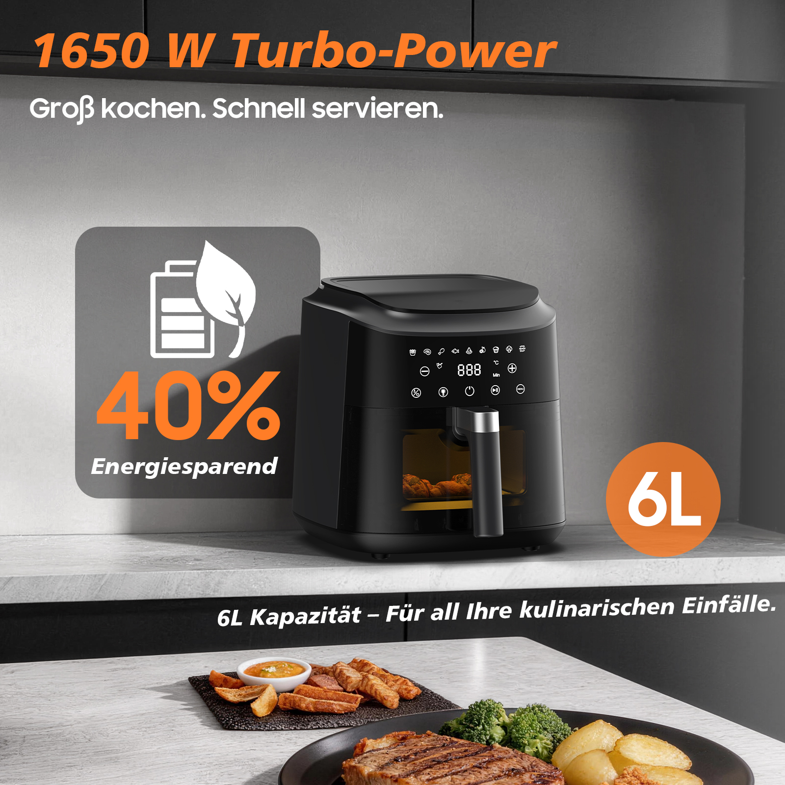Schwarze Heißluftfritteuse mit 6L Kapazität, 1650W, zeigt 40% Energieeinsparung.