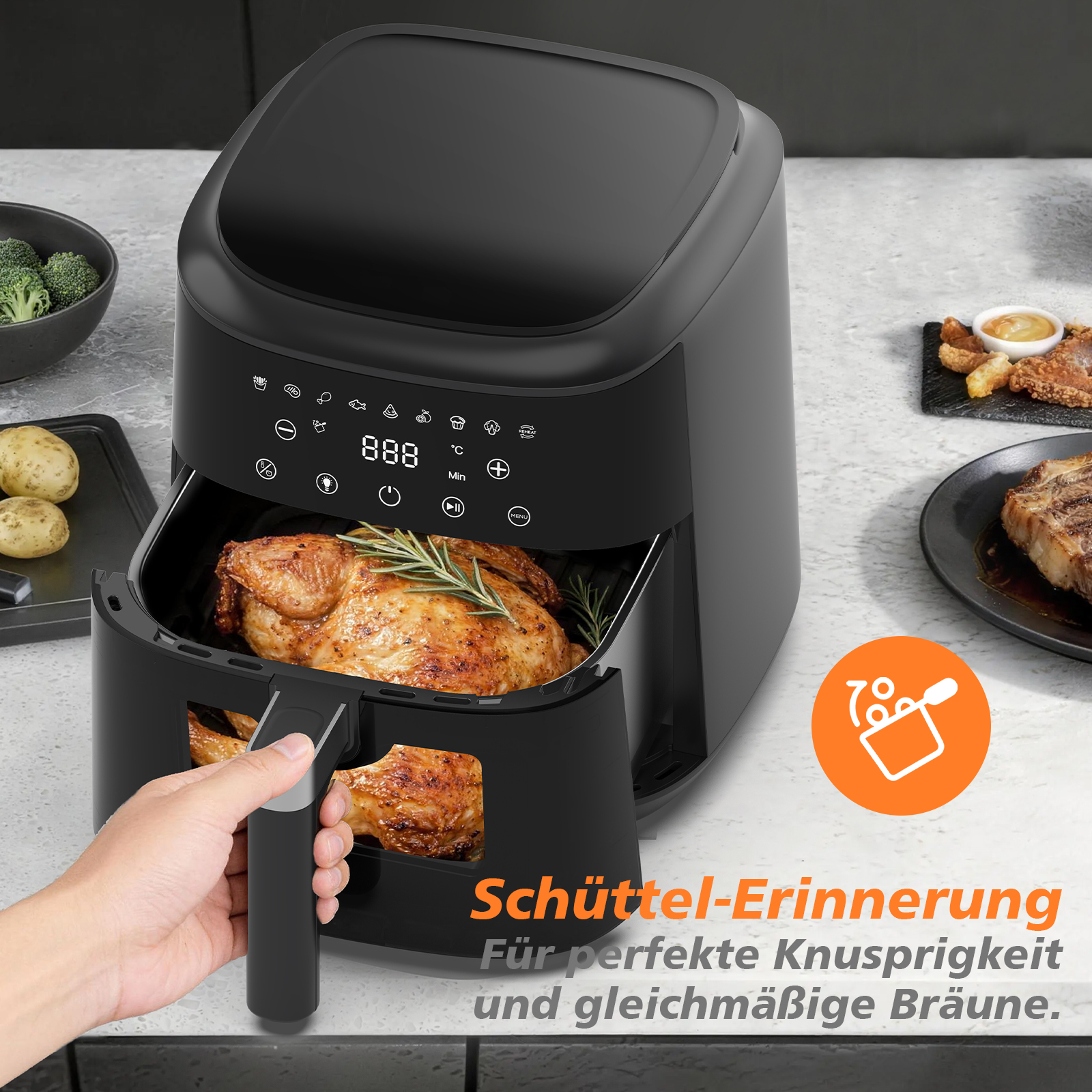 Ein schwarzer Heißluftfritteuse mit einem ganzen Hähnchen darin und daneben Essen.