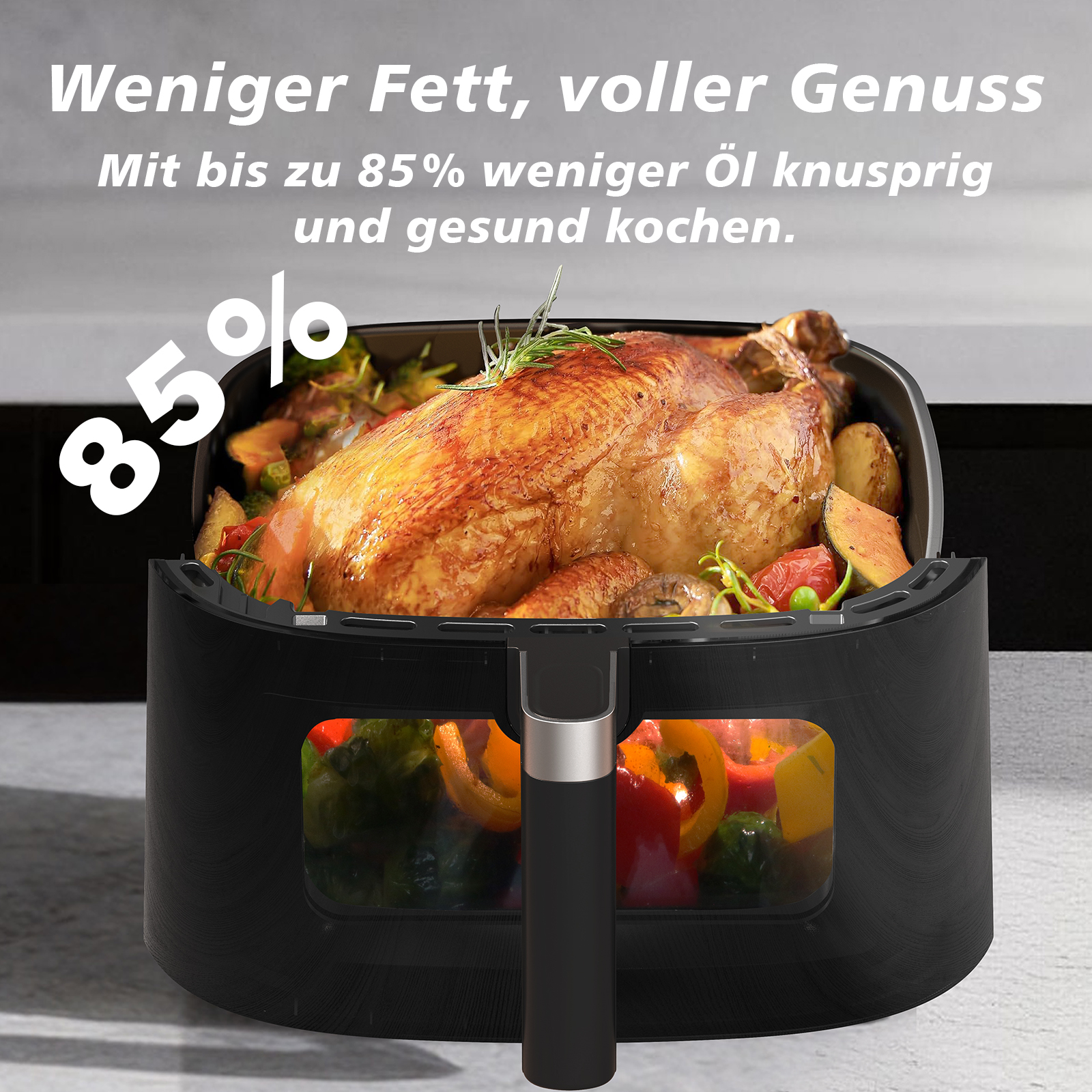 Ein Brathähnchen mit Gemüse in einem Airfryer. 85% weniger Fett.