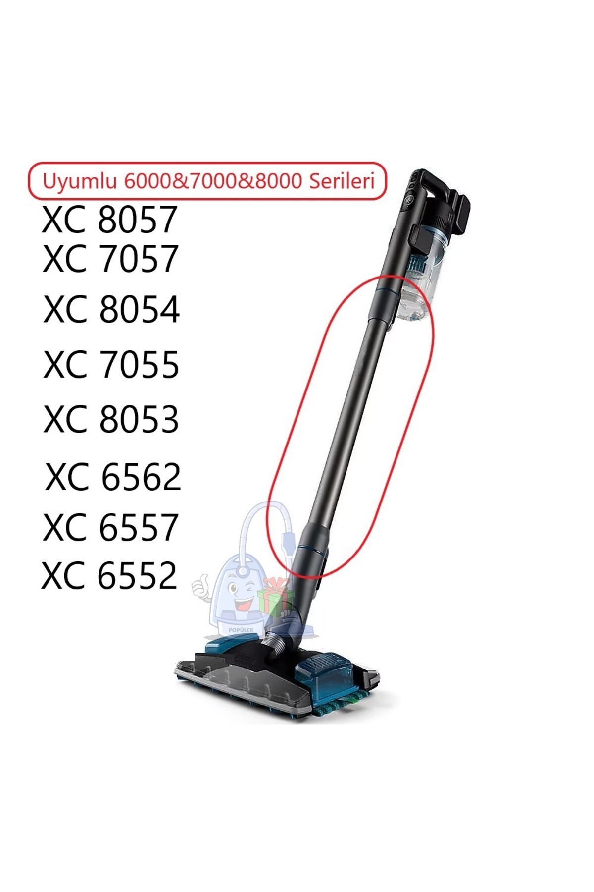 Mavi haznesi ve fırça başlığı olan siyah elektrikli süpürge borusu, XC modeller listesi.
