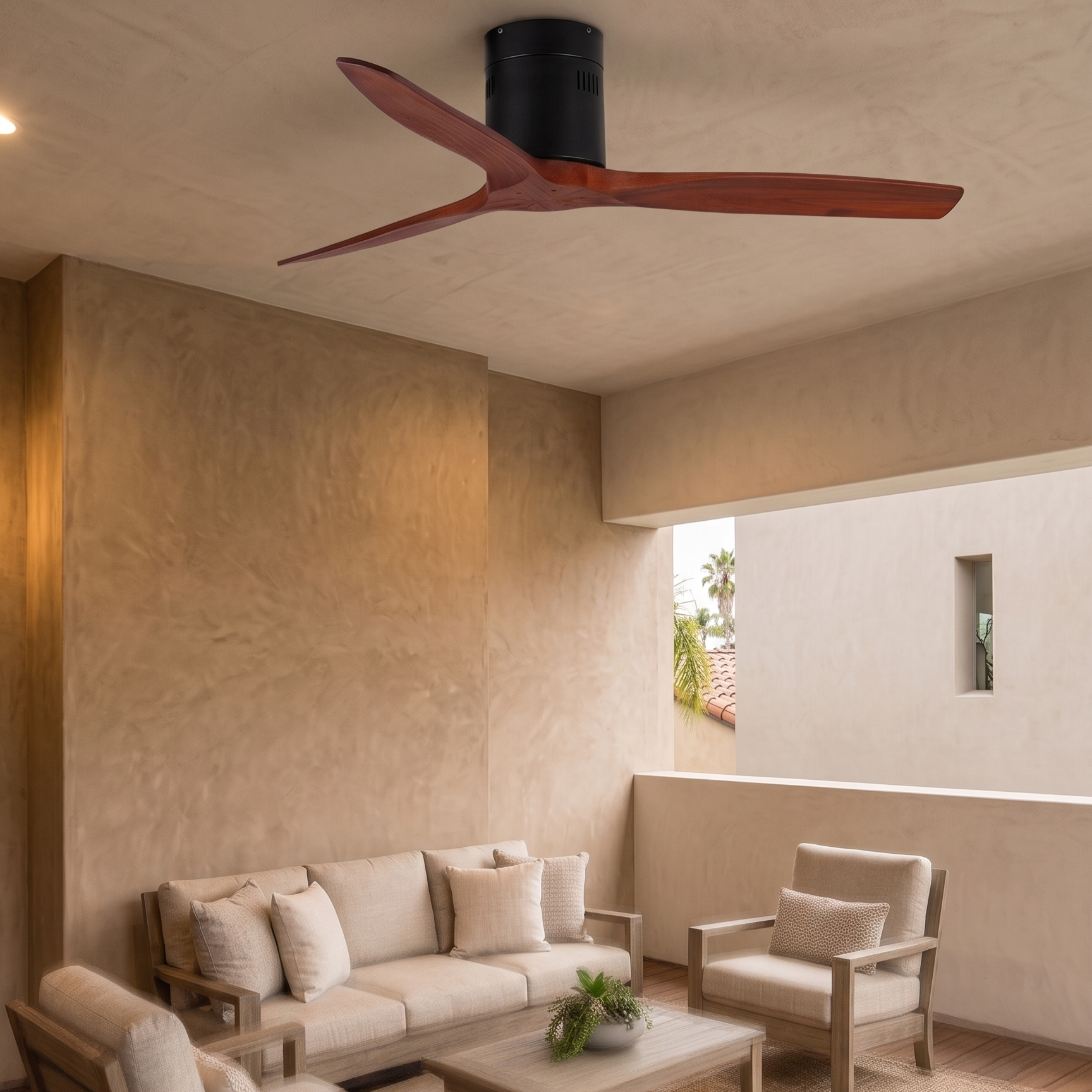 Un ventilador de techo de madera de tres palas sobre una sala de estar al aire libre.