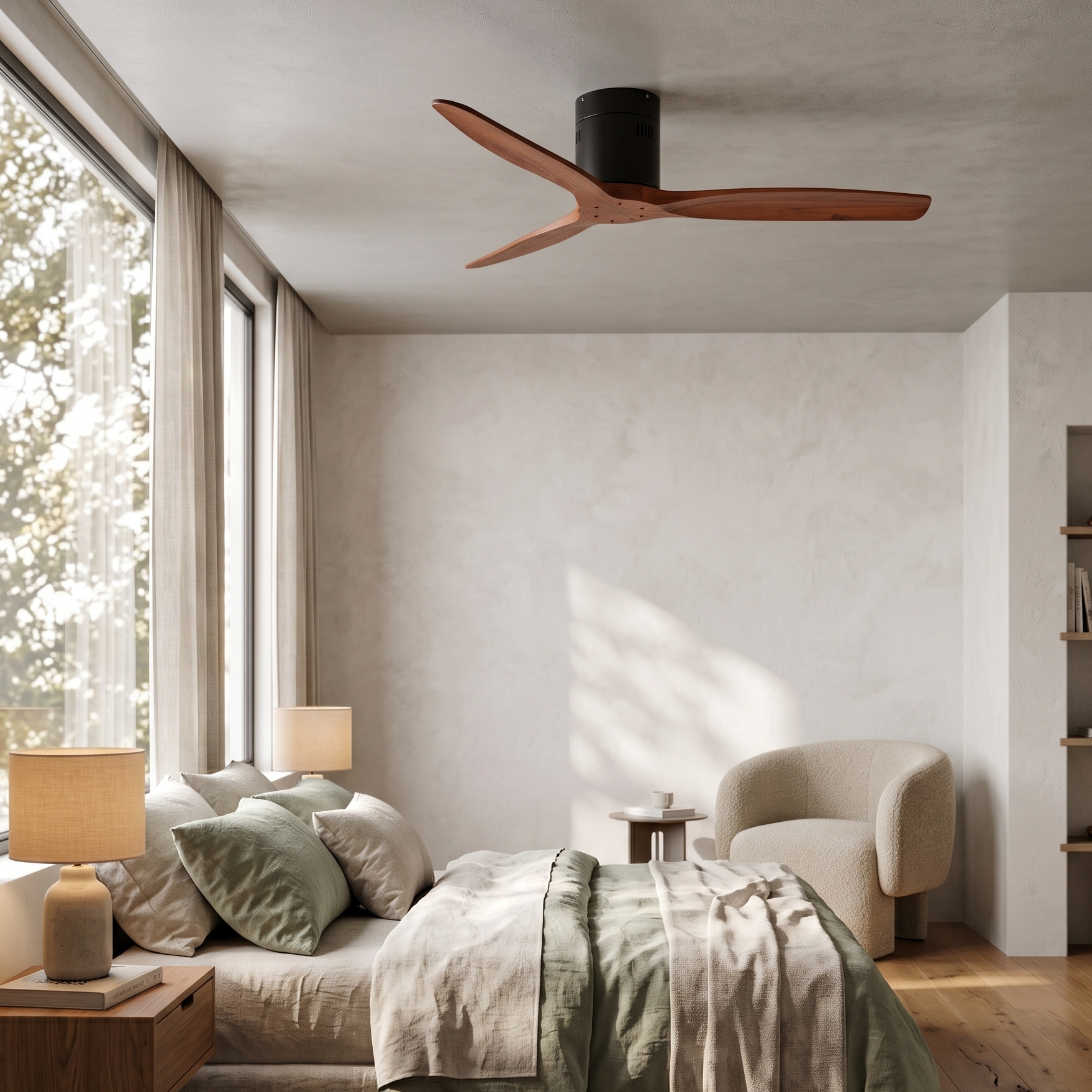 Un dormitorio con cama, sillón, lámpara, ventilador y ventana.