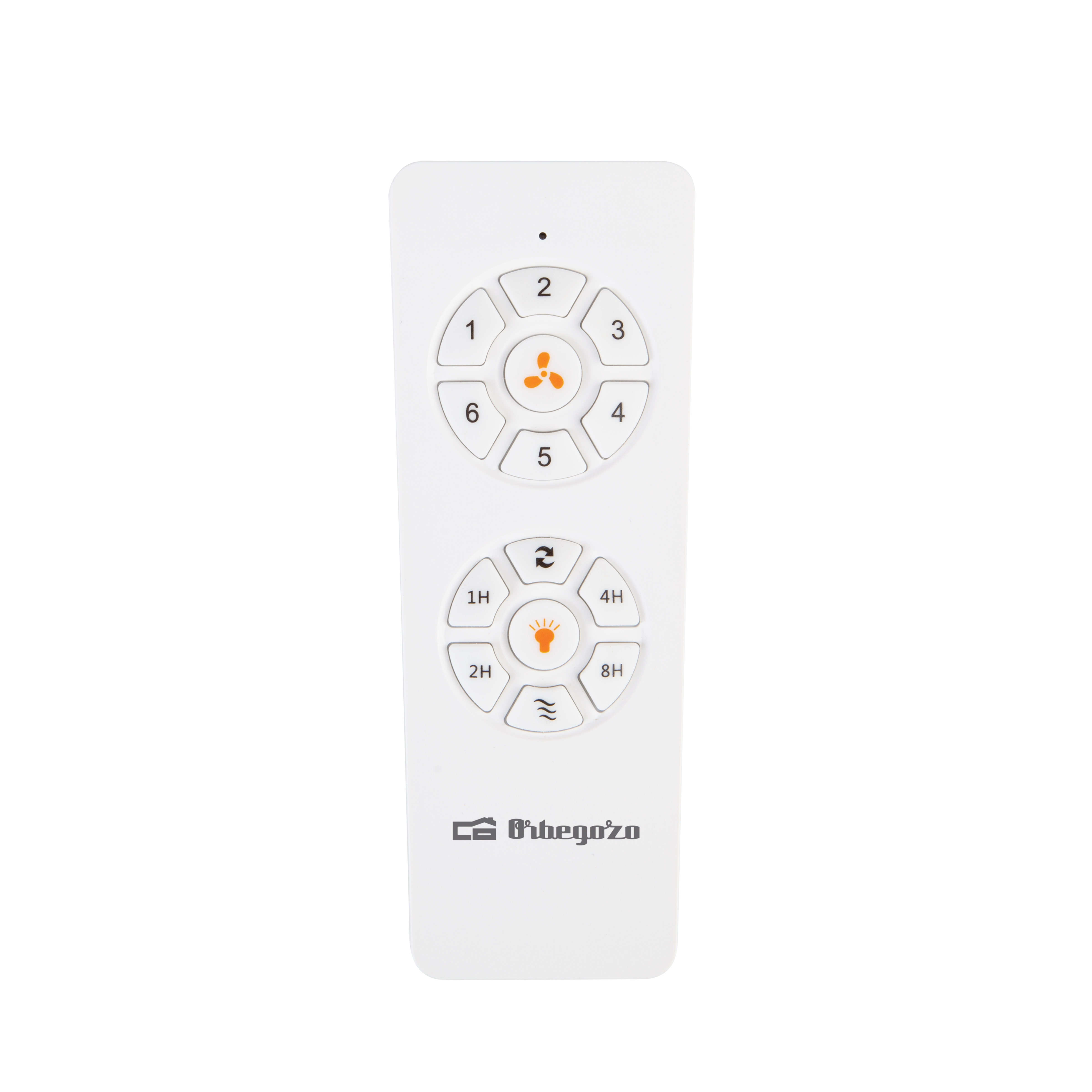 Un dispositivo de control remoto blanco con botones numerados e iconos de ventilador y luz.