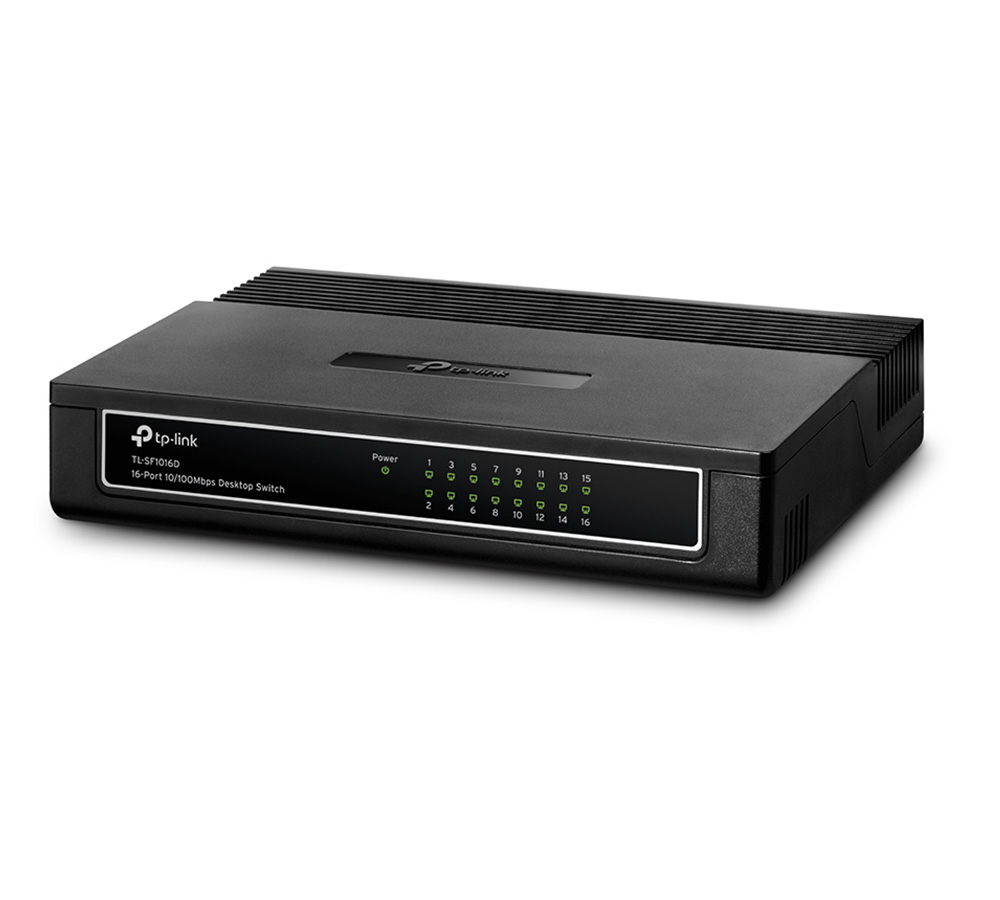 Güç ve port gösterge ışıklı siyah TP-Link 16 portlu masaüstü ağ anahtarı.