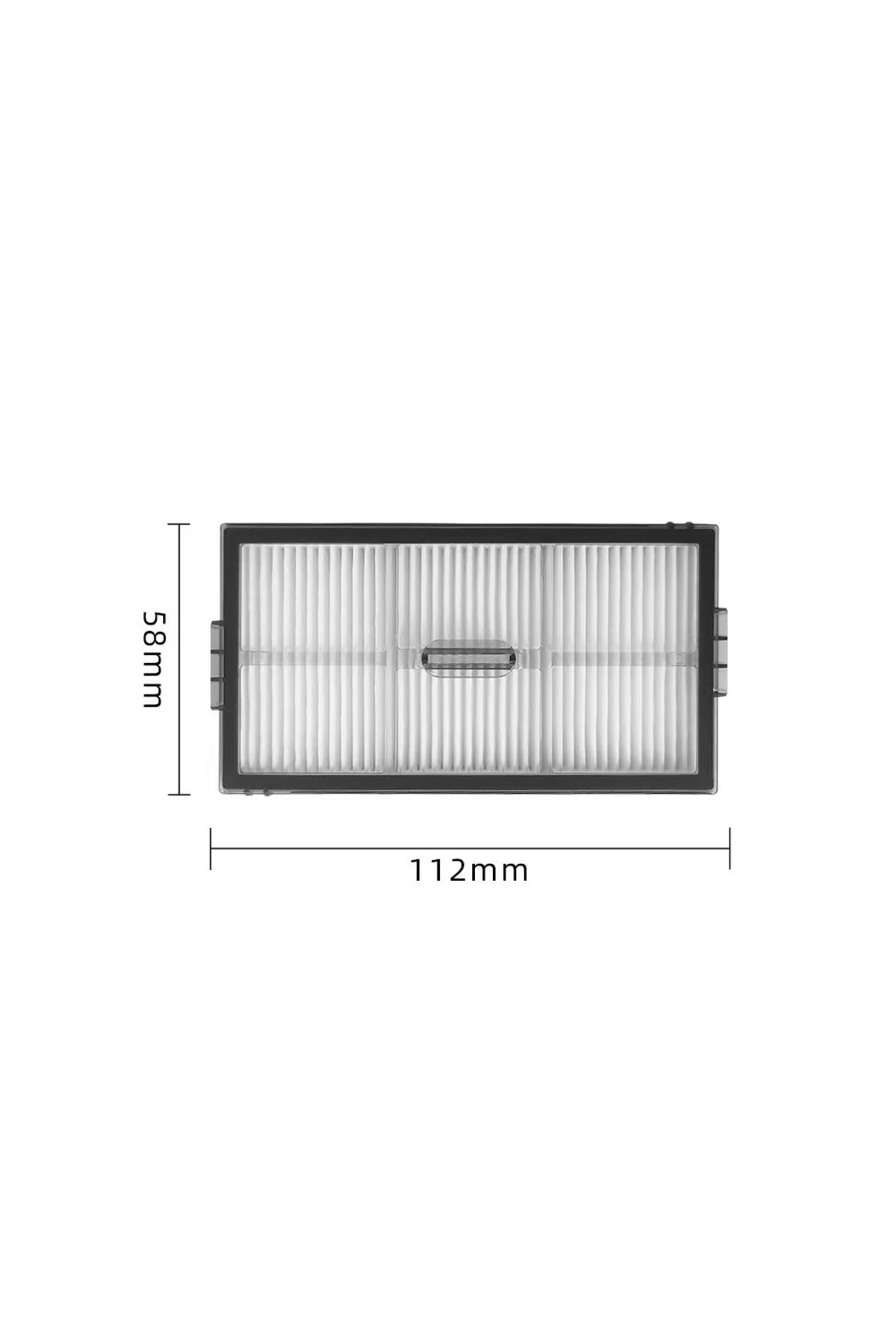 Beyaz pileli ve siyah kenarlı dikdörtgen filtre. Boyutlar 112mm x 58mm.