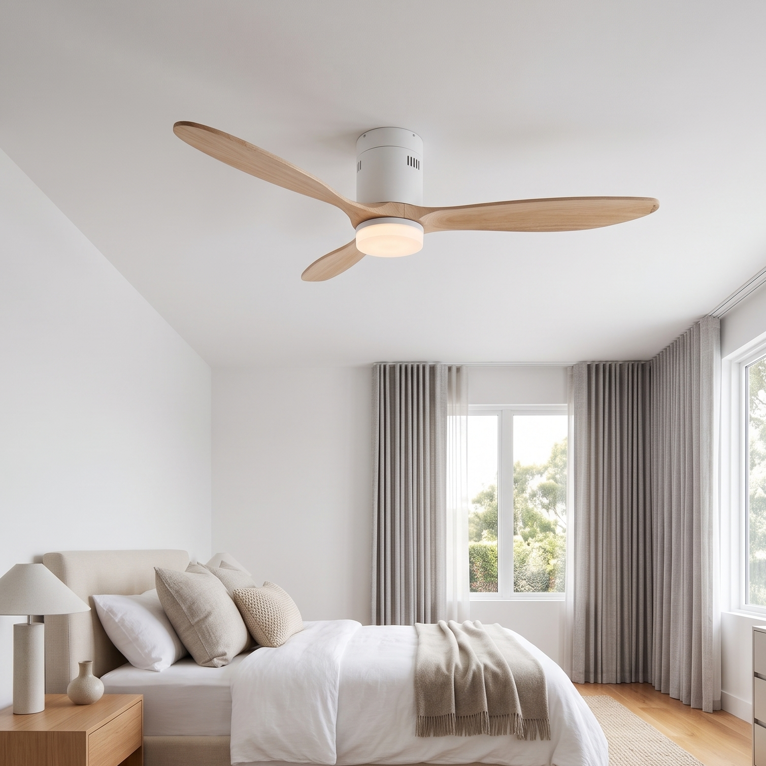 Un dormitorio con ventilador de techo, cama y ventanas.