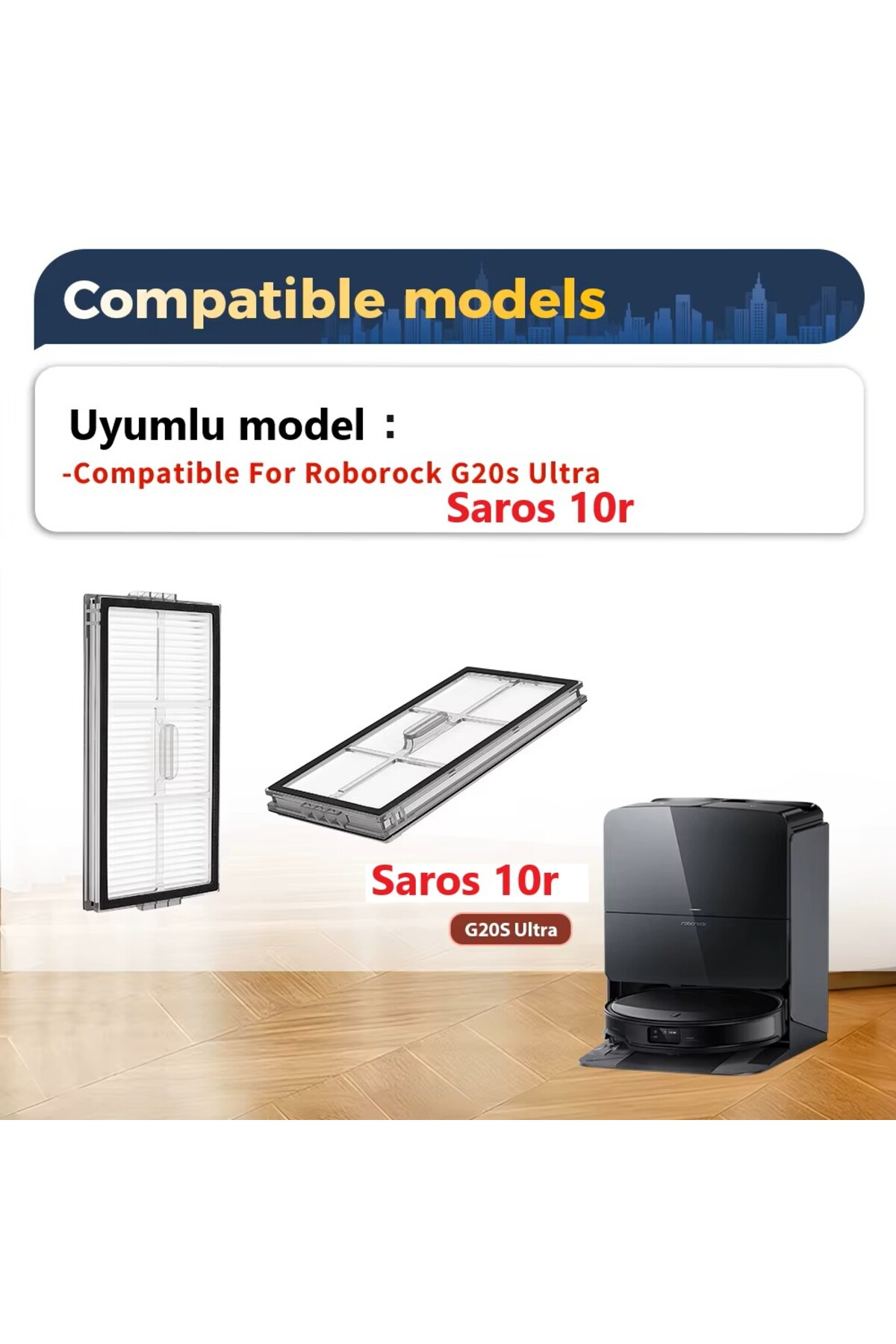 Uyumlu modeller: Roborock G20s Ultra, Saros 10r, yedek filtre ve şarj istasyonu.
