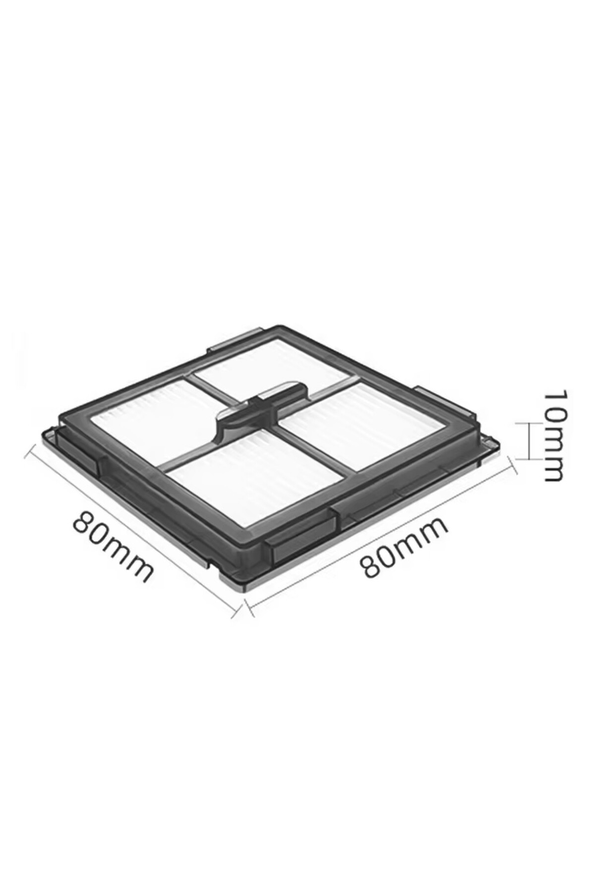 Siyah çerçeveli ve beyaz filtreli 80x80x10mm dikdörtgen filtre.