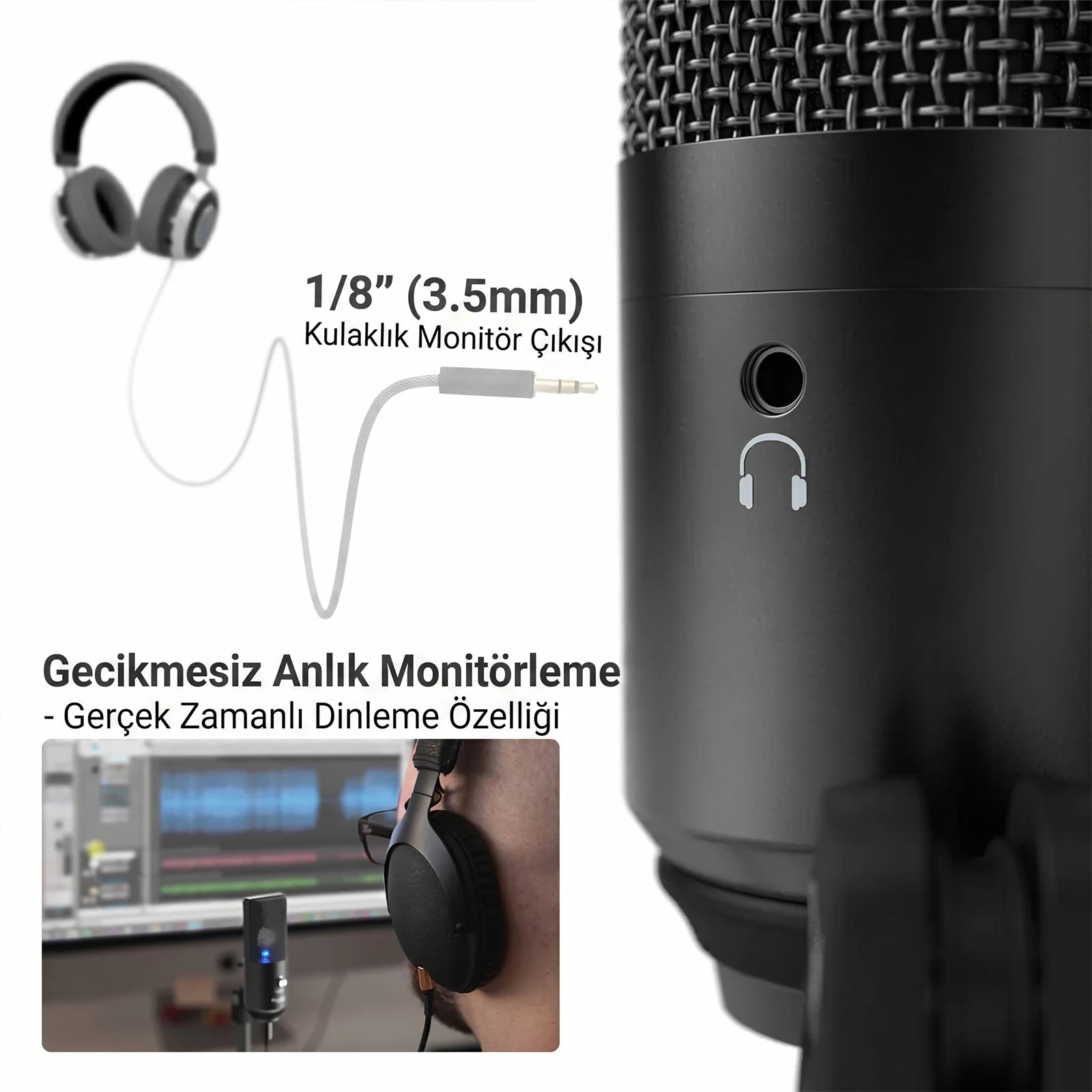 3,5 mm kulaklık jakı ve kulaklık simgeli mikrofon.