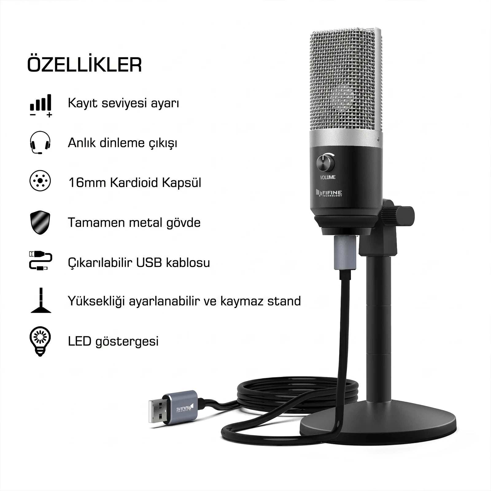 Gümüş ızgaralı siyah kondenser mikrofon, USB kablosu ile birlikte.
