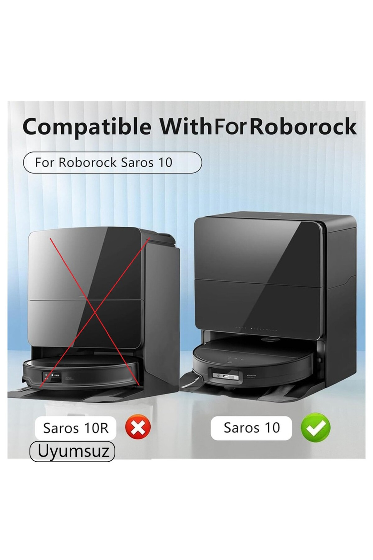 İki robot süpürge istasyonu. Soldaki: Saros 10R, uyumsuz (kırmızı X). Sağdaki: Saros 10, uyumlu (yeşil tik).