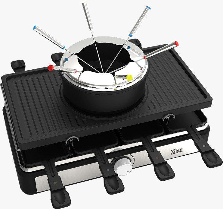 Altı çatalı olan siyah fondü ve raclette ızgarası.