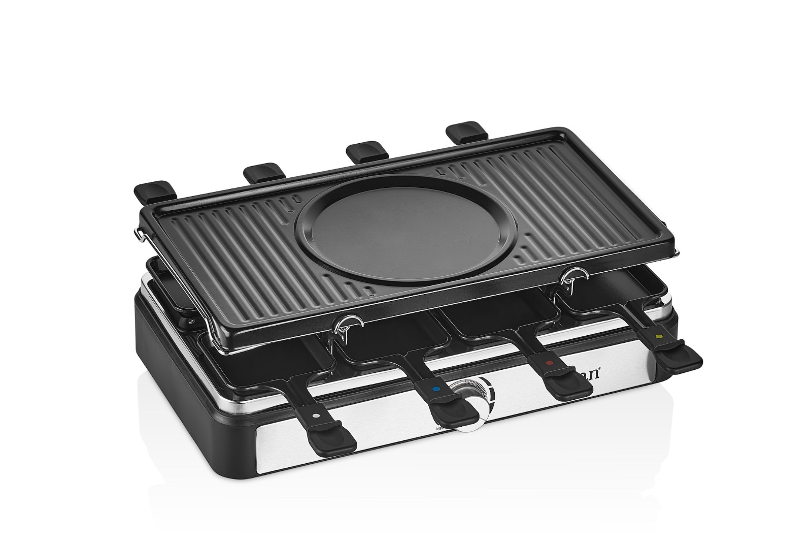 Dört tavalı ve ızgara üstlü kompakt raclette ızgarası.