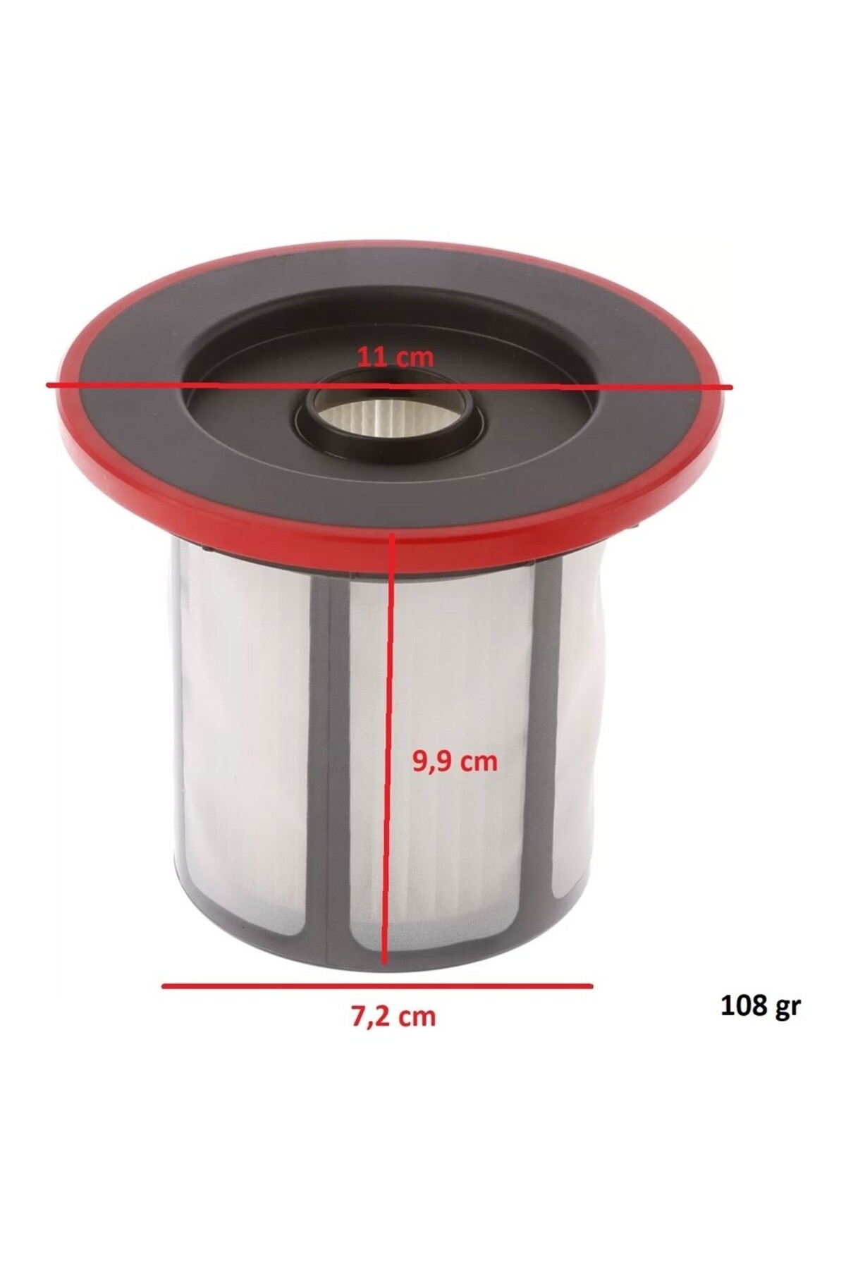 Kırmızı aksanlı yuvarlak süpürge filtresi. Boyutlar: 11cm, 9,9cm, 7,2cm. Ağırlık: 108 gr.