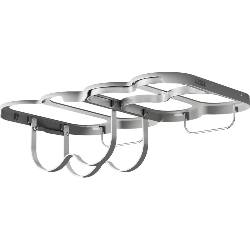 Un organizer argentato per utensili da cucina appeso a un'anta di armadio.