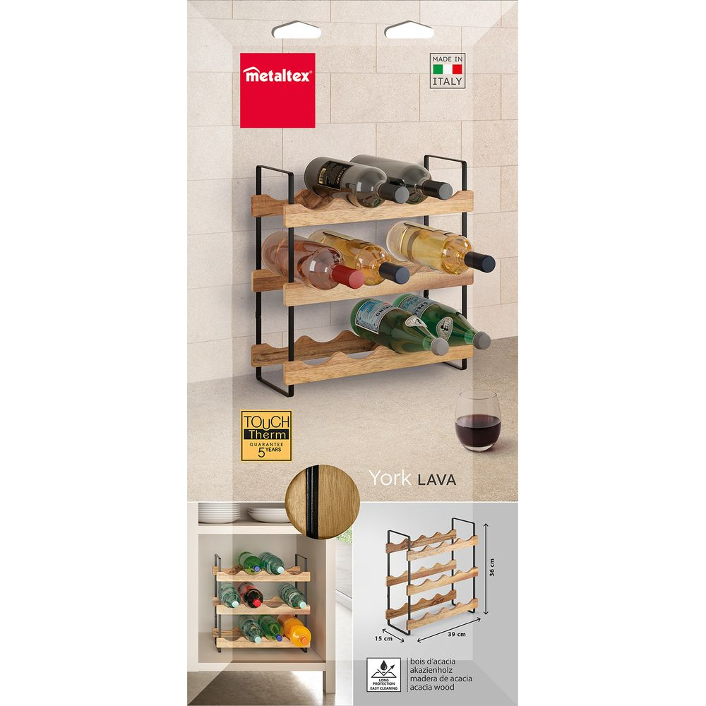 Portabottiglie in legno per 12 bottiglie con struttura in metallo nero. Bicchiere incluso.