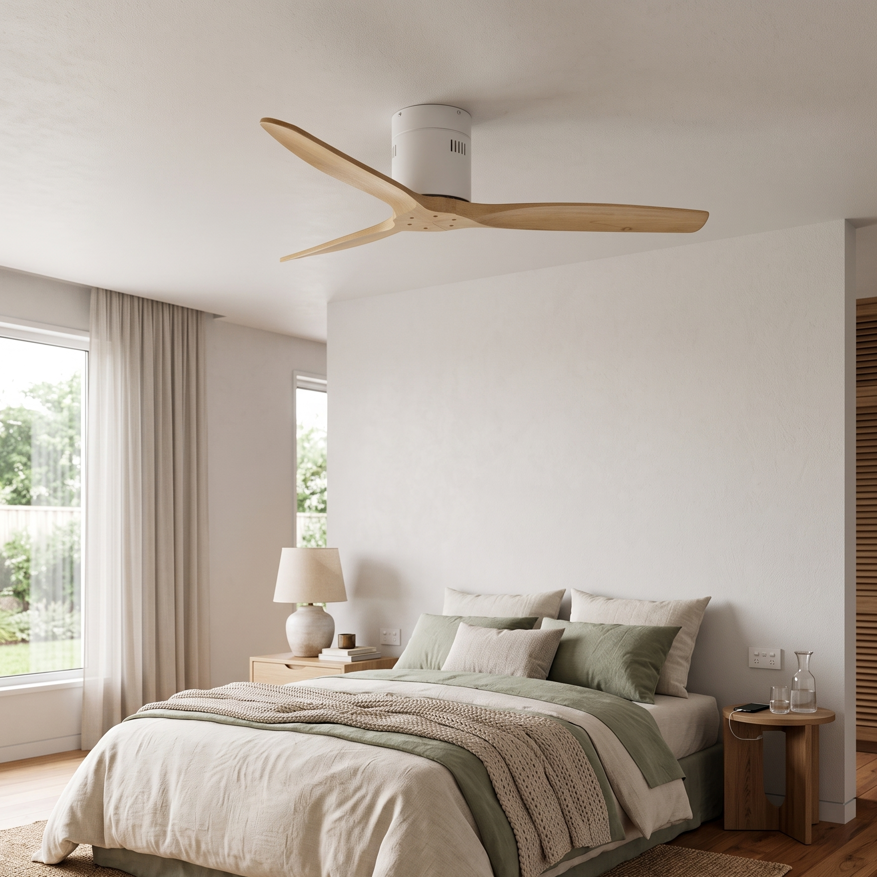 Un dormitorio con cama, ventilador de techo y ventanas con luz natural.