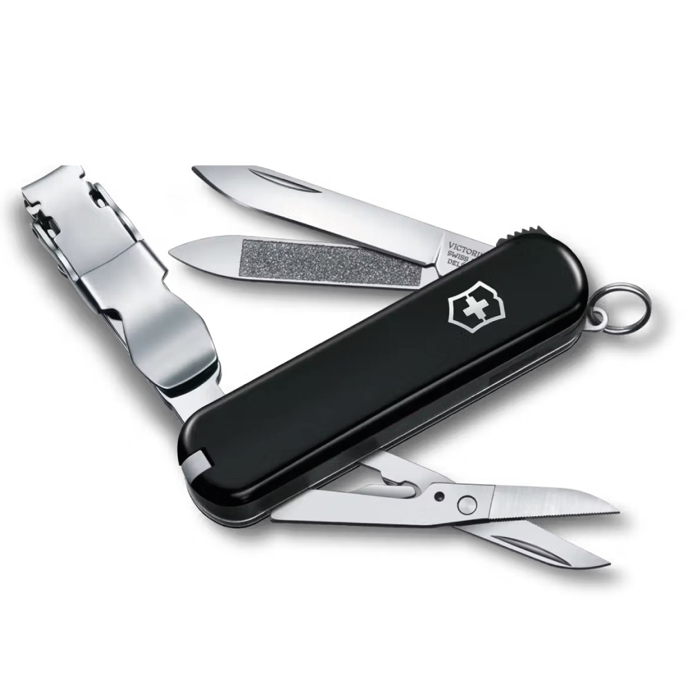 Tırnak törpüsü, bıçağı, törpüsü ve makası açılmış siyah bir Victorinox İsviçre çakısı.