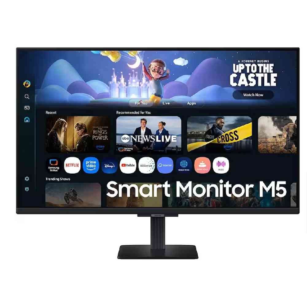 Samsung Smart Monitor M5, Netflix ve Prime Video gibi uygulamalarla renkli bir arayüz sergiliyor.