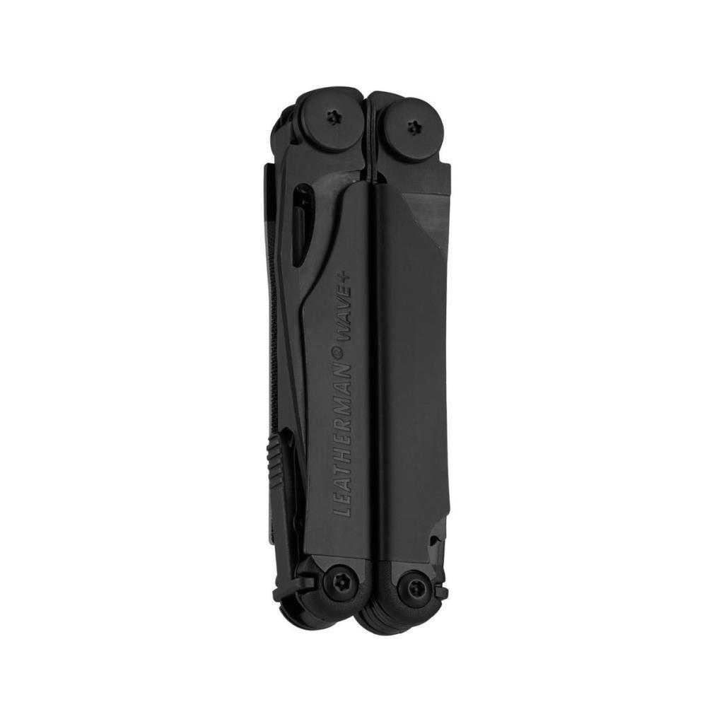 Kapalı siyah Leatherman Wave+ çok amaçlı alet, logo görünüyor.