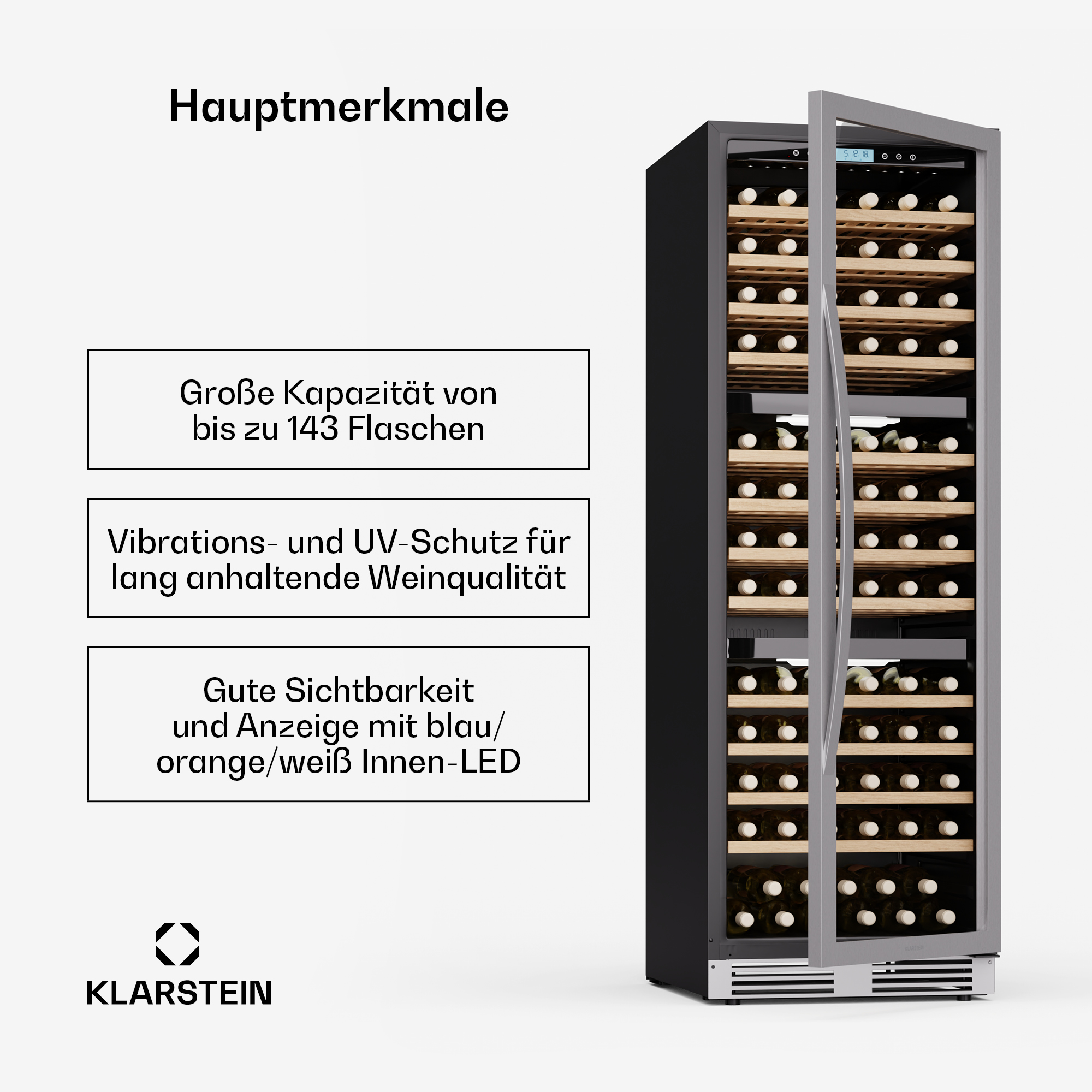Ein moderner Weinkühlschrank mit Glastüren, gefüllt mit vielen Weinflaschen.