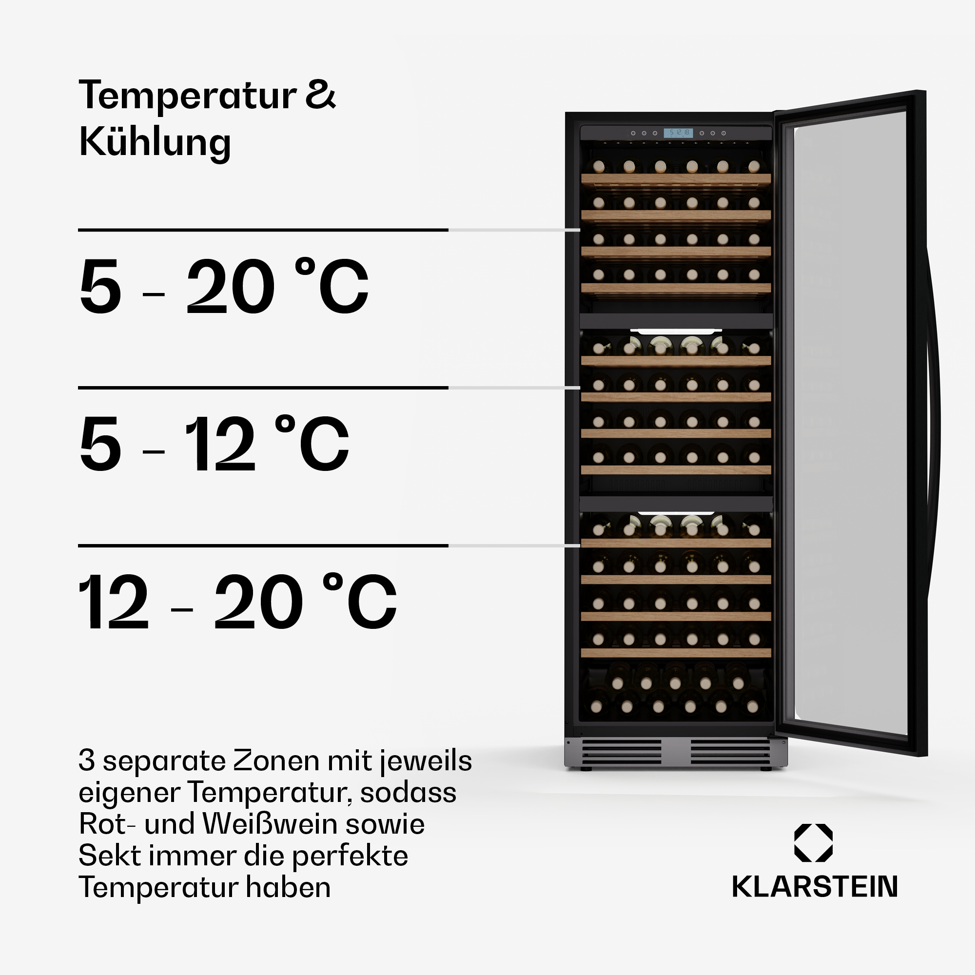 Weinkühlschrank mit drei Temperaturzonen: 5-20°C, 5-12°C, 12-20°C.