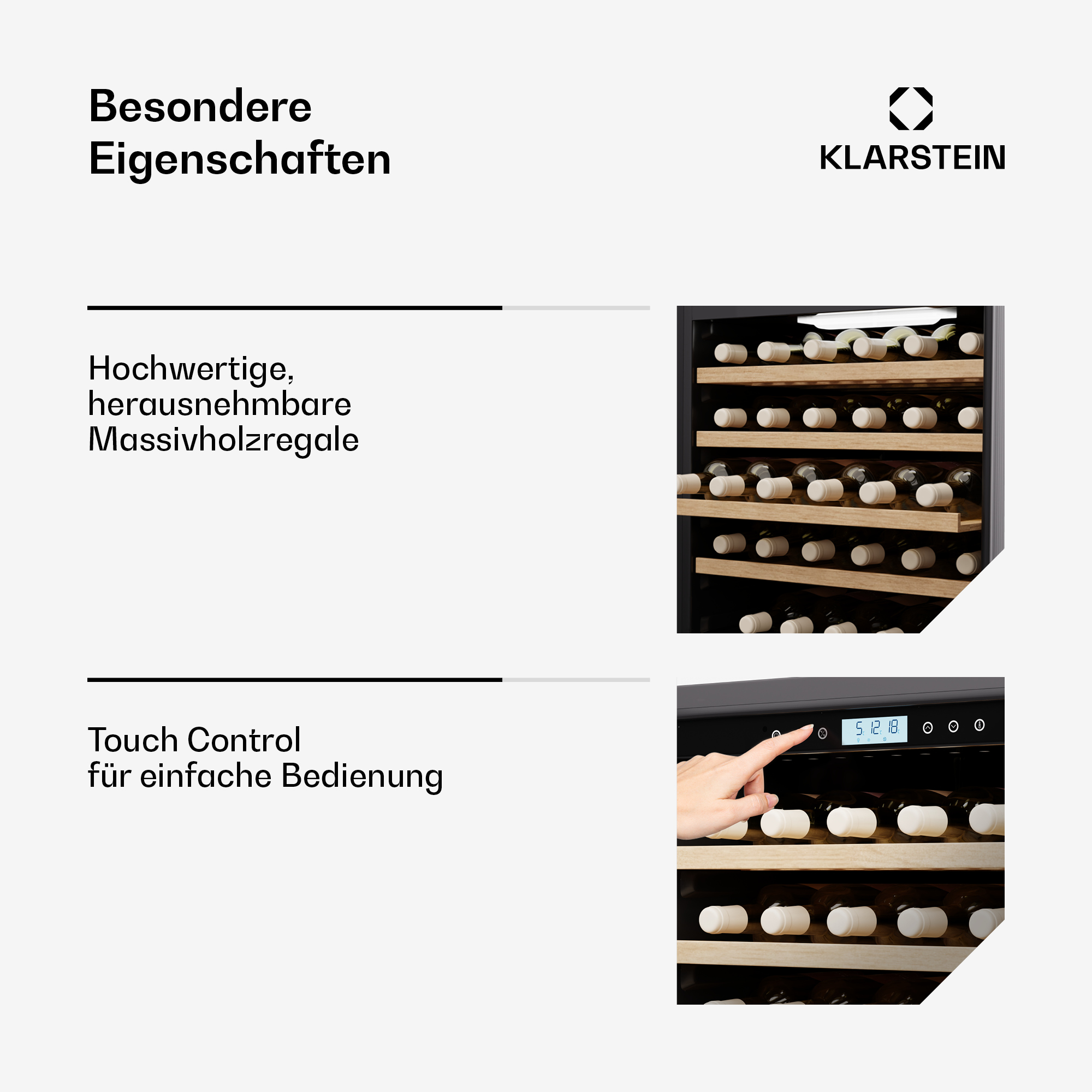 Weinregal mit Holzböden und Touch-Bedienfeld. Zeigt 5.12.18 an.