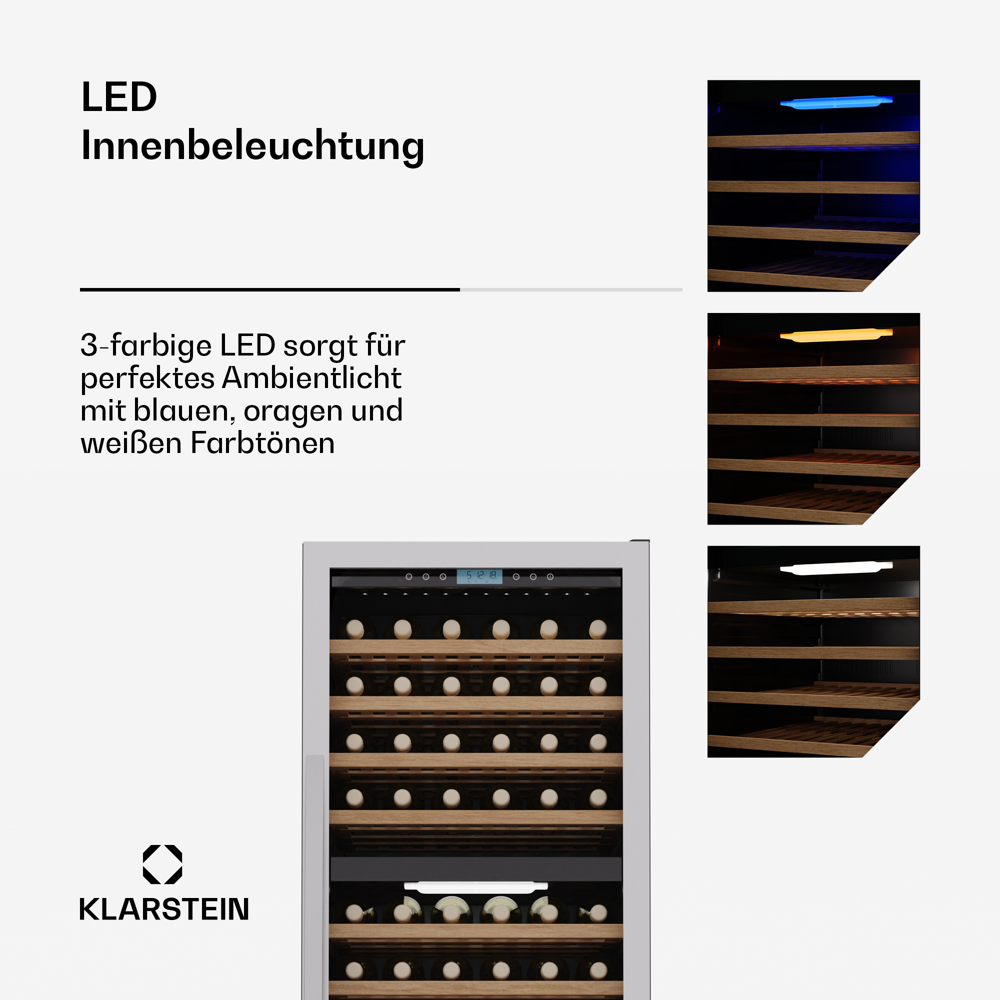 Weinkühlschrank mit LED-Innenbeleuchtung in Blau, Orange und Weiß.