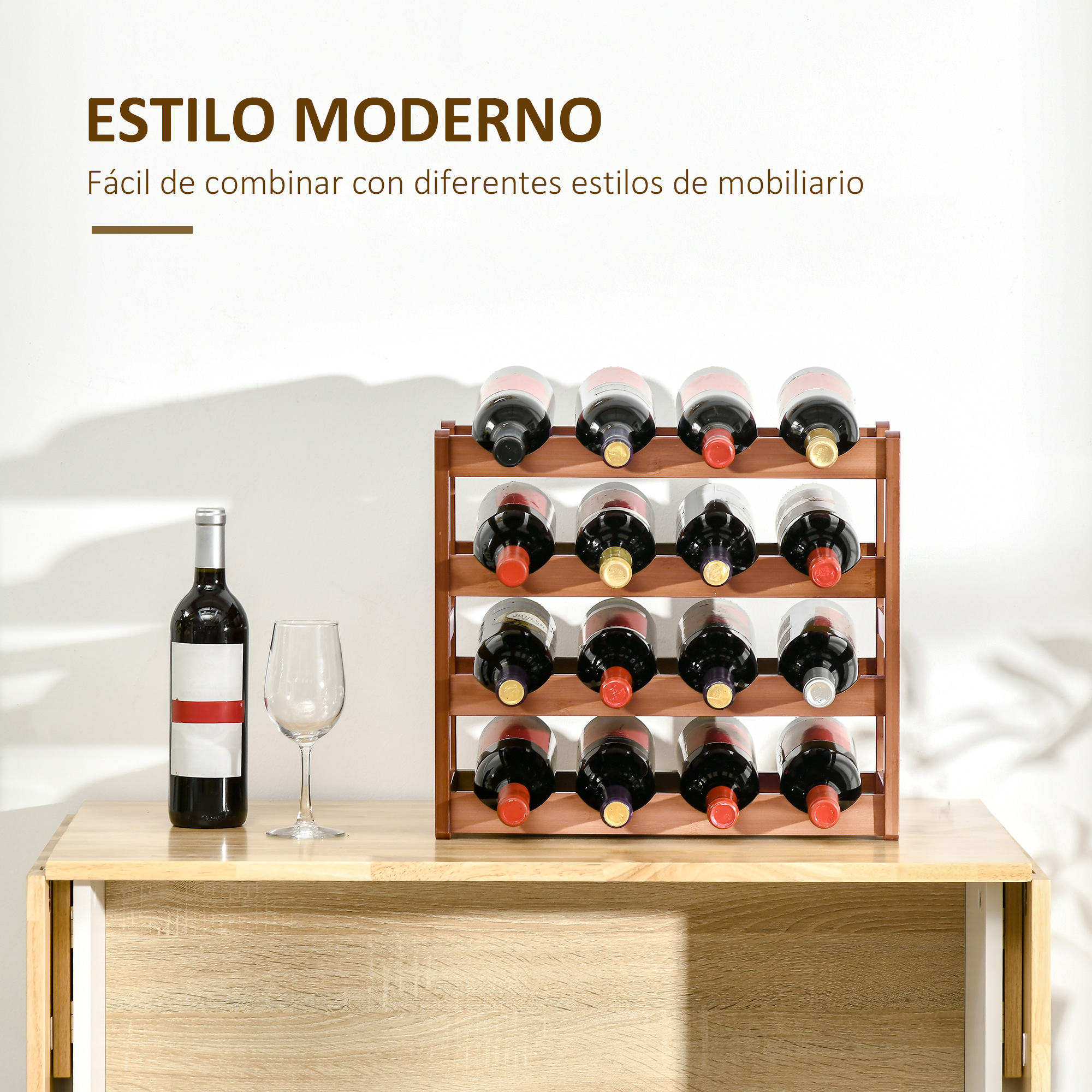 Un botellero de madera con 12 botellas de vino, junto a una mesa con una botella y una copa.