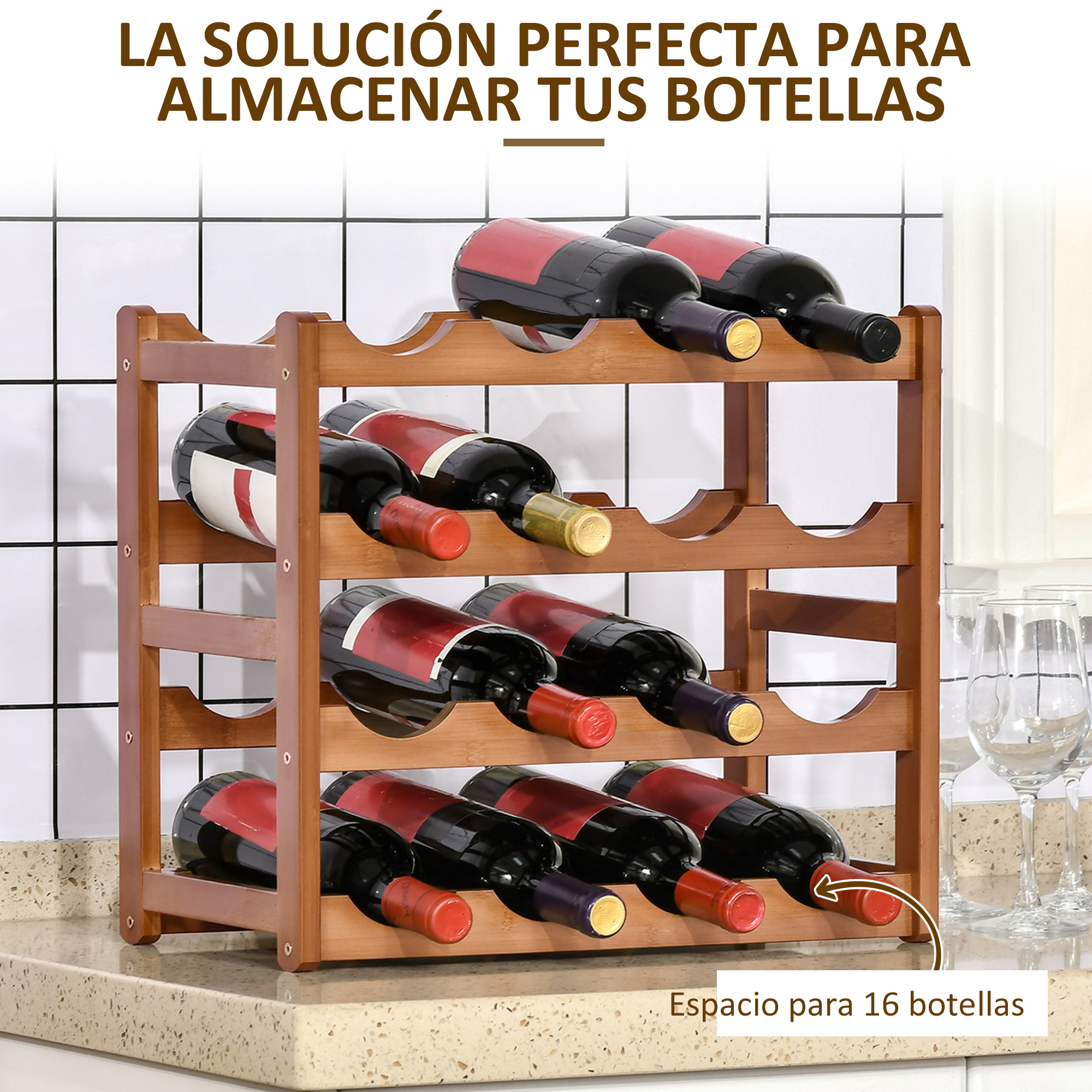 Un botellero de madera con capacidad para 16 botellas.