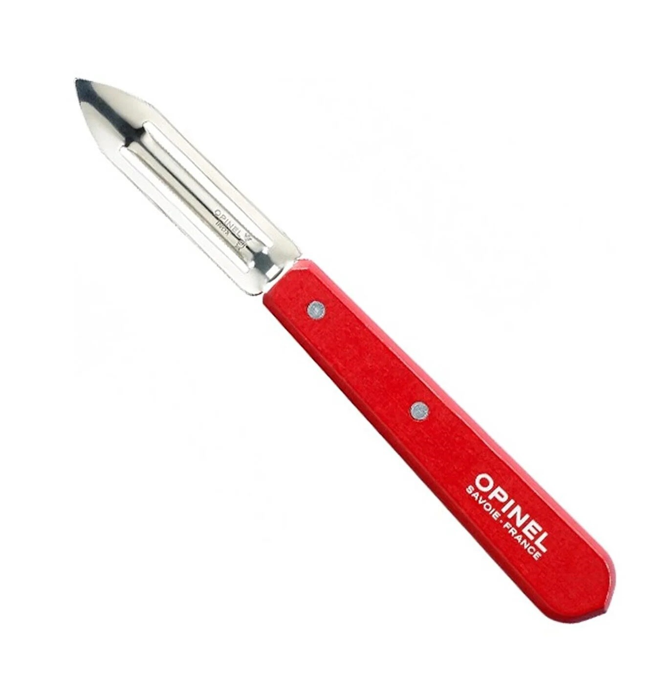 Metal bıçaklı ve saplı kırmızı bir Opinel soyacağı.