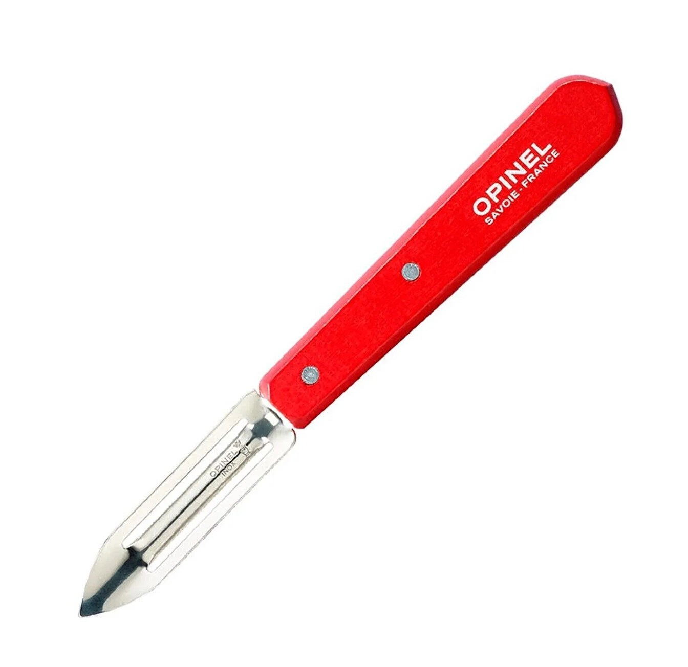Beyaz zeminde gümüş bıçaklı kırmızı saplı Opinel soyacak.