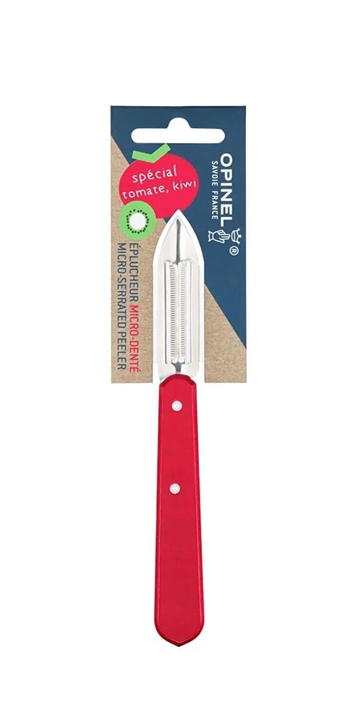 Domates ve kivi için kırmızı Opinel mikro-tırtıklı soyucu.