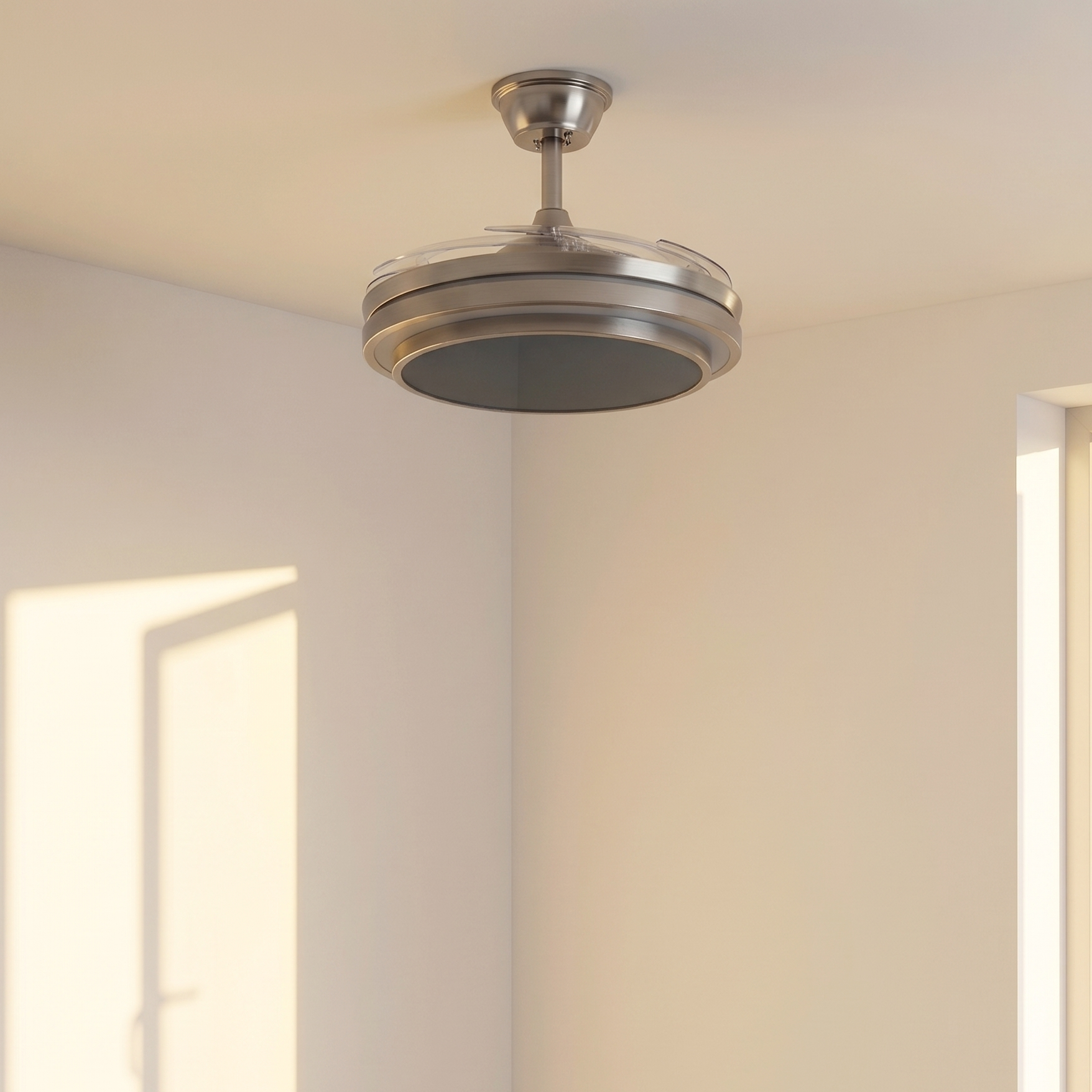 Un ventilador de techo moderno con aspas retráctiles e iluminación.