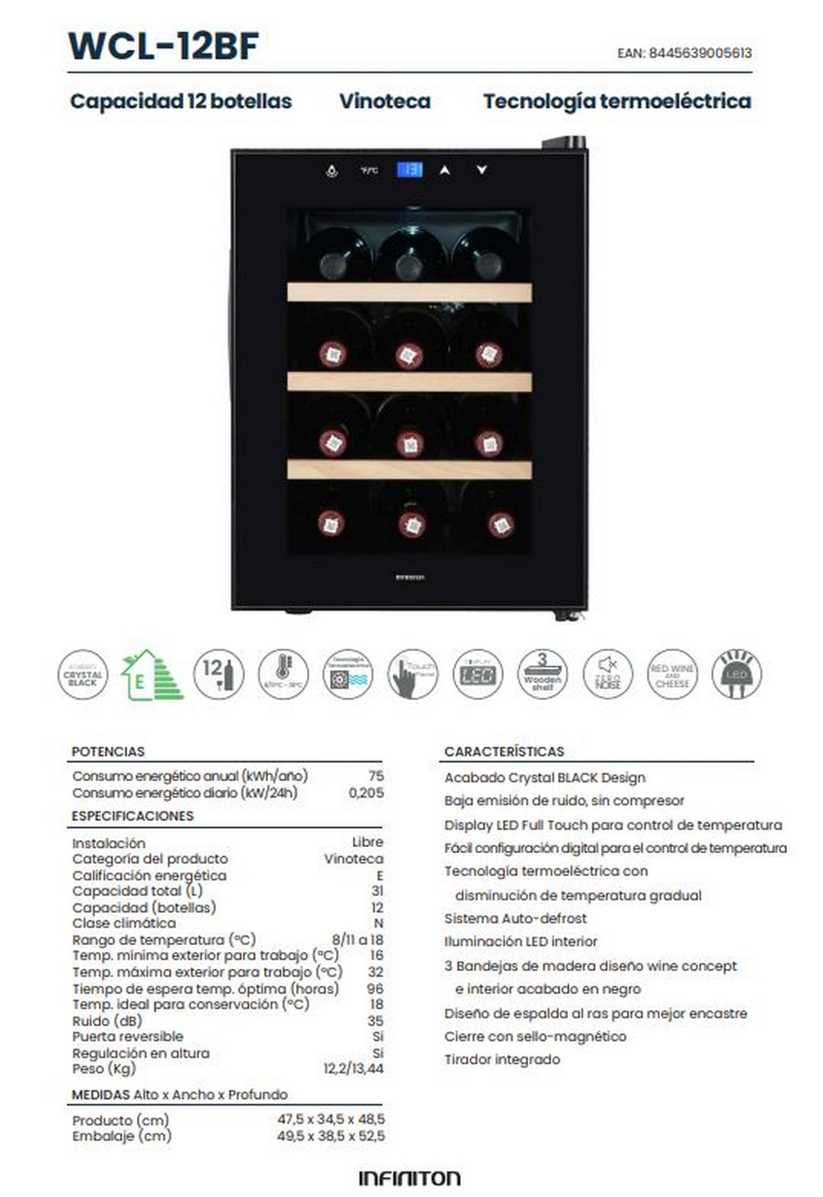 Vinoteca negra con puerta de cristal, capacidad para 12 botellas, pantalla LED y estantes madera.