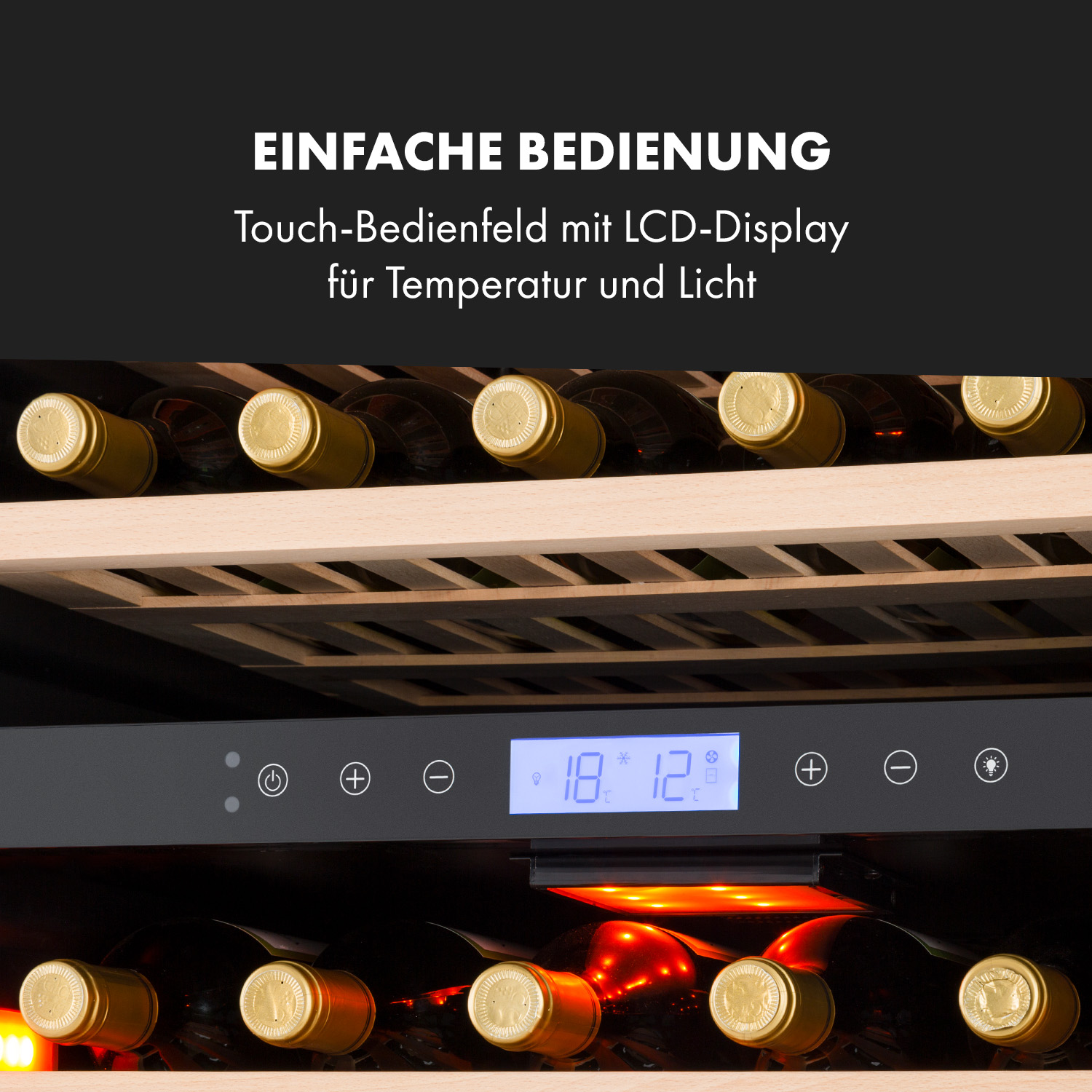 Cantinetta per vino con display LCD che mostra 18°C e 12°C. Pannello di controllo con pulsanti.