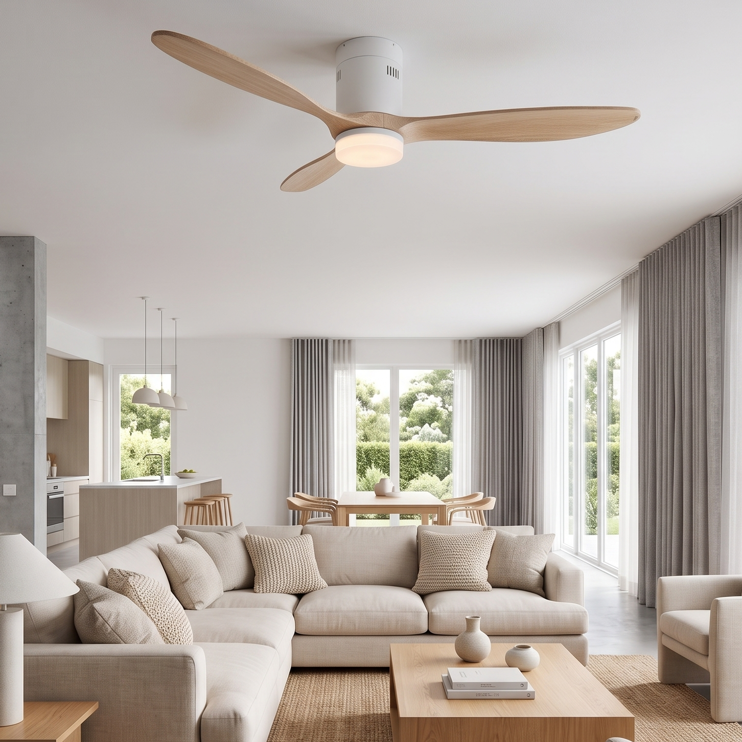 Sala de estar moderna con ventilador de techo de madera, sofá beige y mesa de comedor.