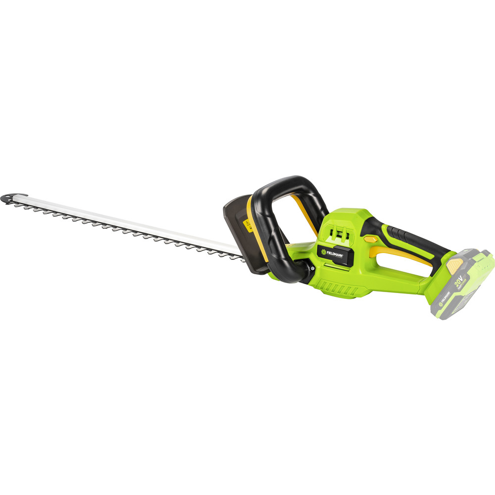 Tagliasiepi verde con manico nero, lama argentata e due batterie.