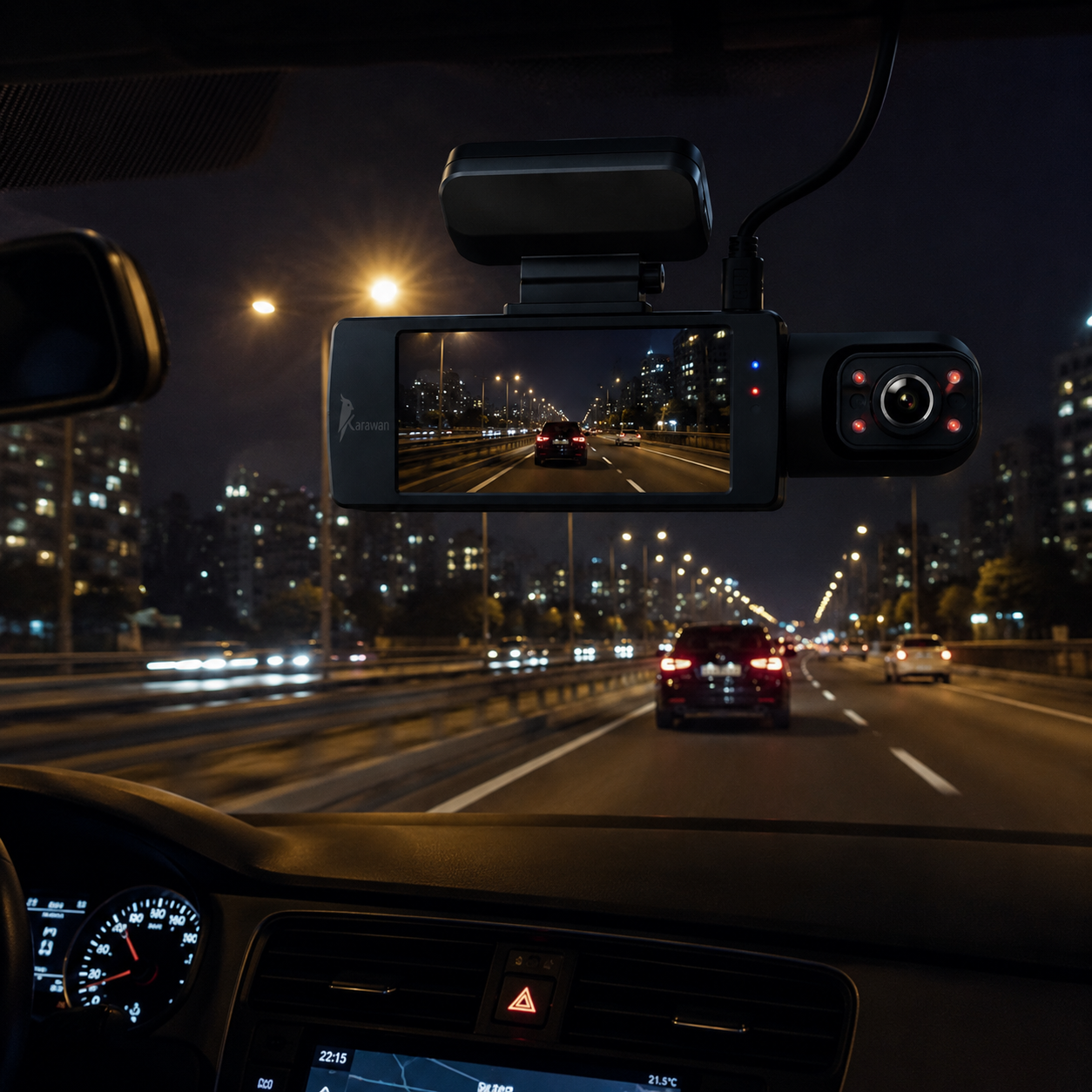 Cámara de coche graba conducción nocturna en autopista, luces de ciudad al fondo.