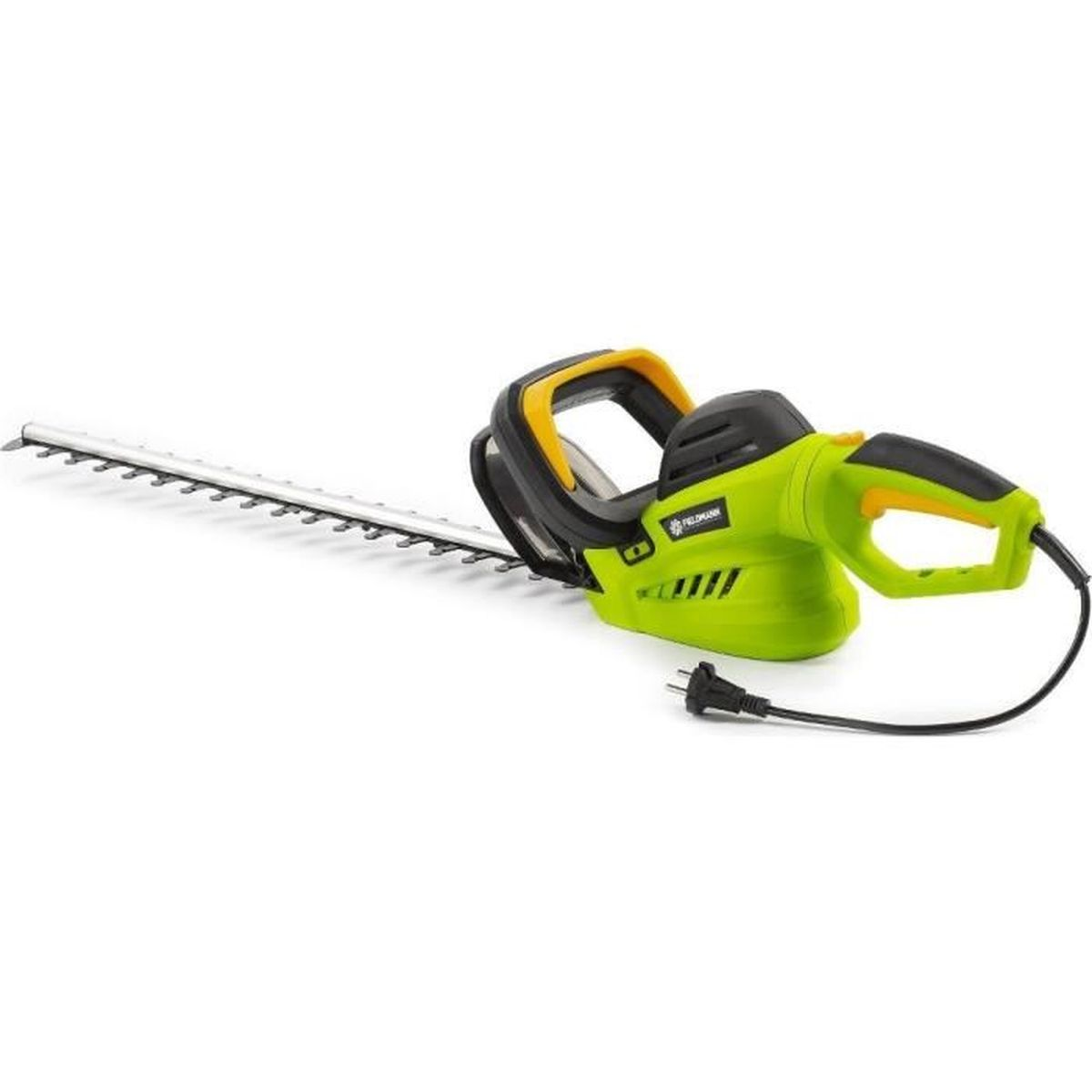 Un tagliasiepi verde brillante con manico nero e accenti gialli.