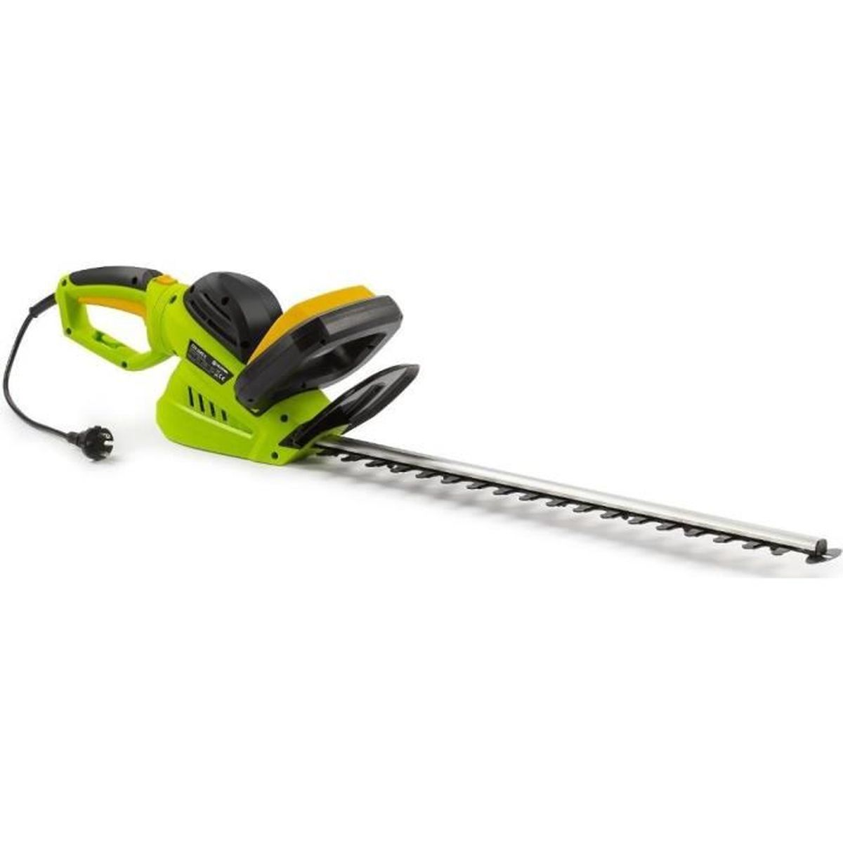 Un tagliasiepi verde e nero con accenti gialli e un lungo set di lame.