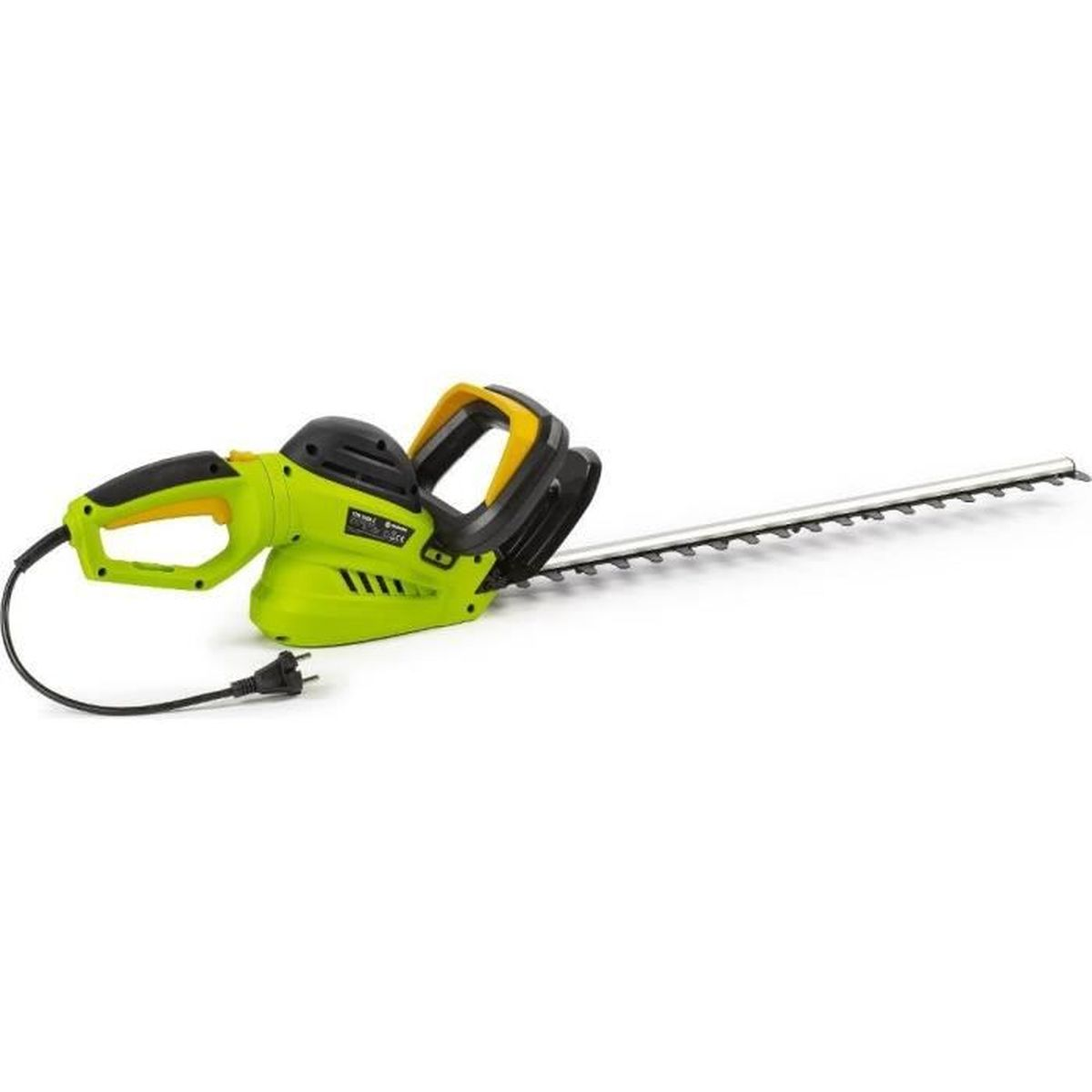 Un tagliasiepi verde brillante con accenti gialli e manico nero.