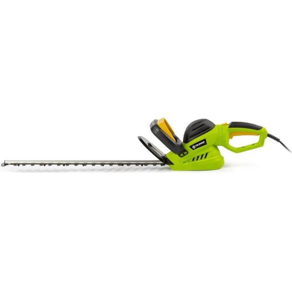 Tagliasiepi elettrico verde con accenti neri e gialli, su sfondo bianco.