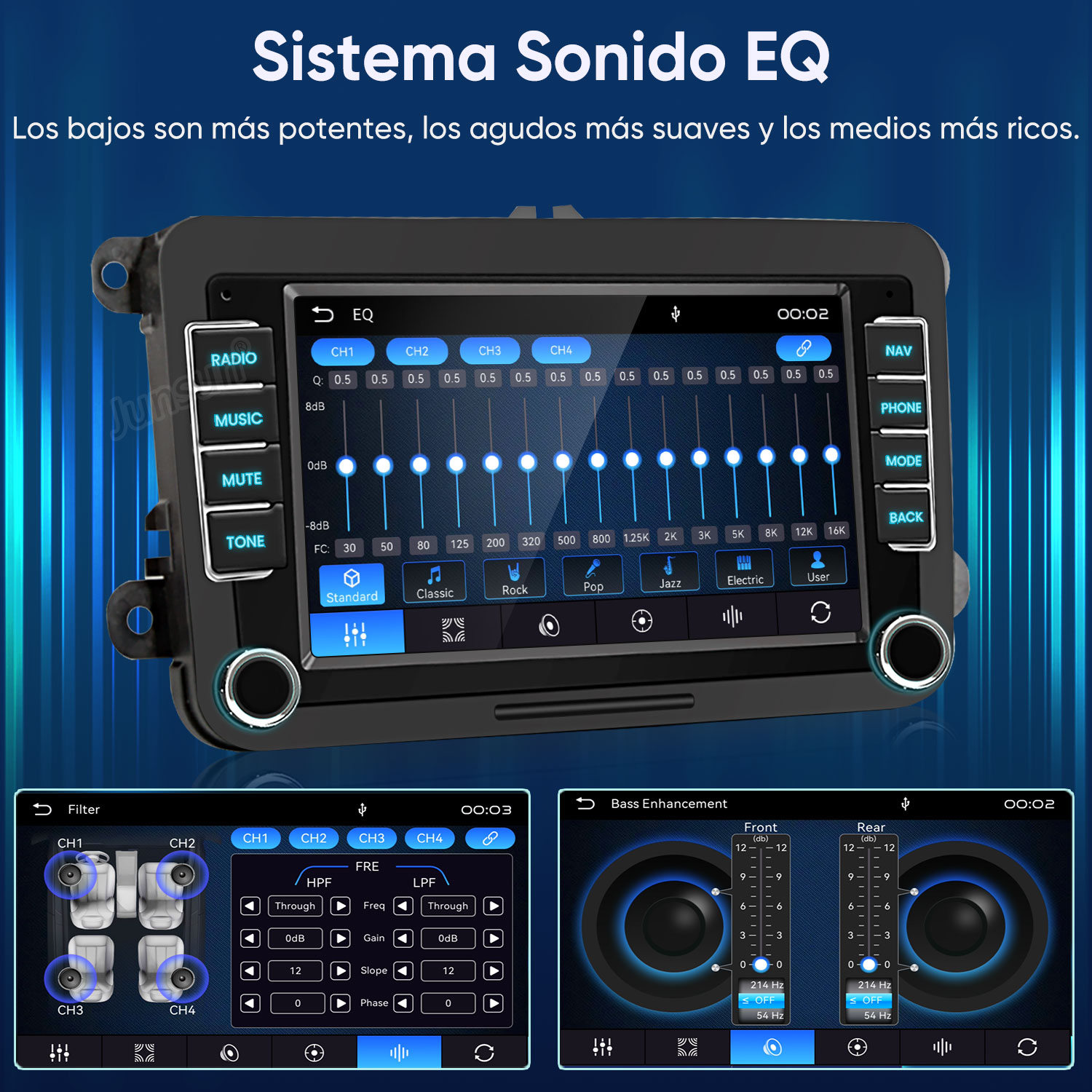 Radio de coche con ecualizador, filtro y ajustes de graves. Muestra barras de ecualización y ajustes de altavoces.
